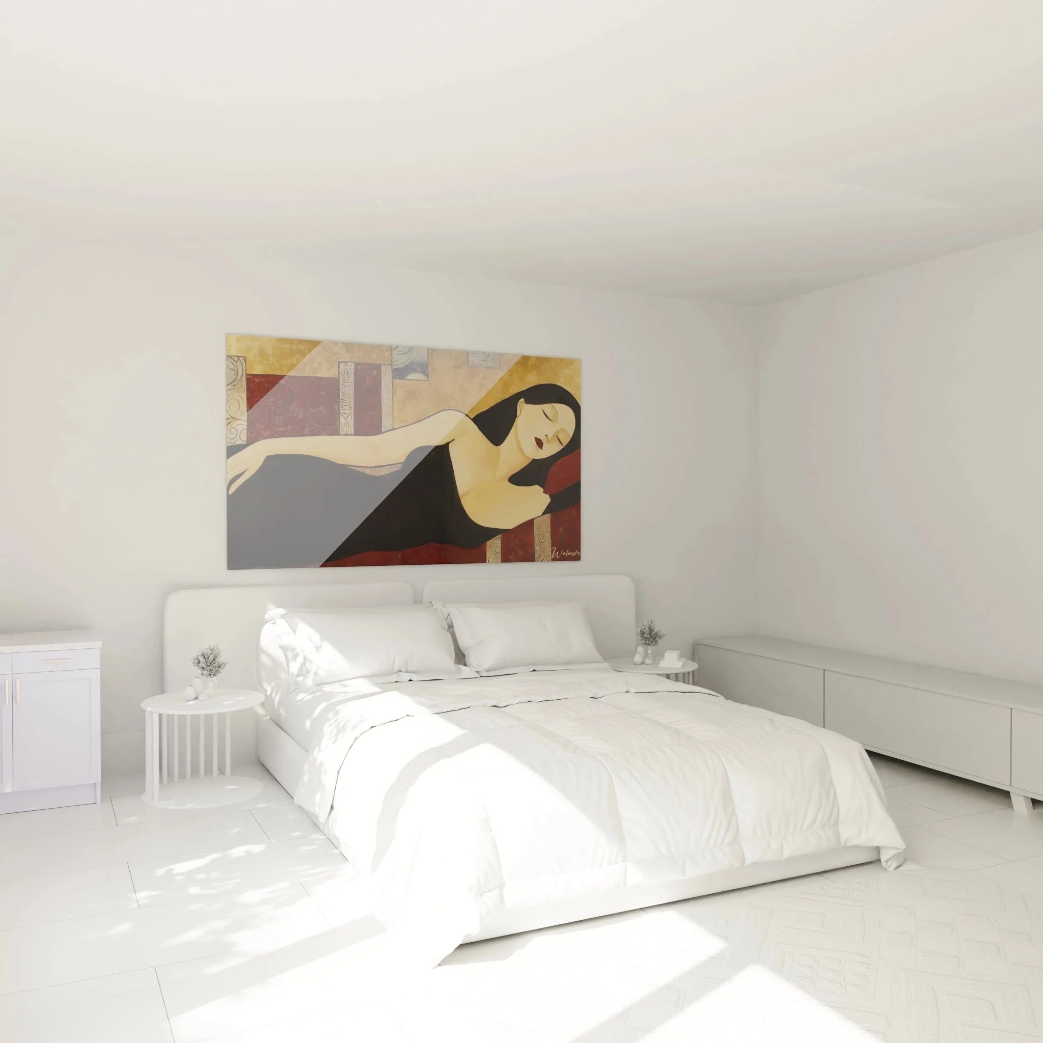 Wandbild liegende Frau Modigliani in modernem Schlafzimmer - Elegante Wanddekoration über dem Bett