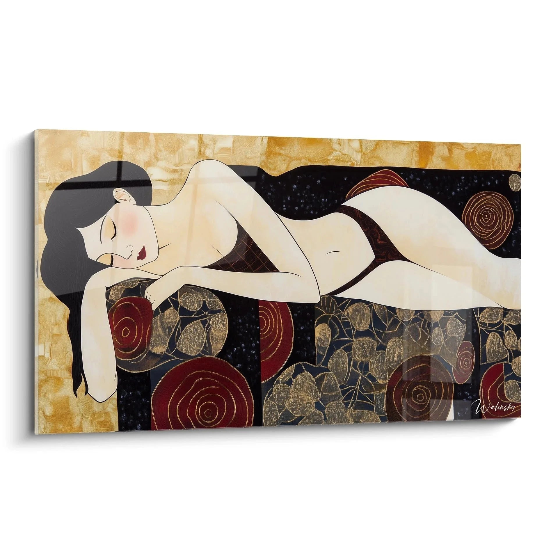 Wandbild liegende Frau Modigliani Stil mit goldenen Tönen und floralen Mustern für moderne Wanddekoration