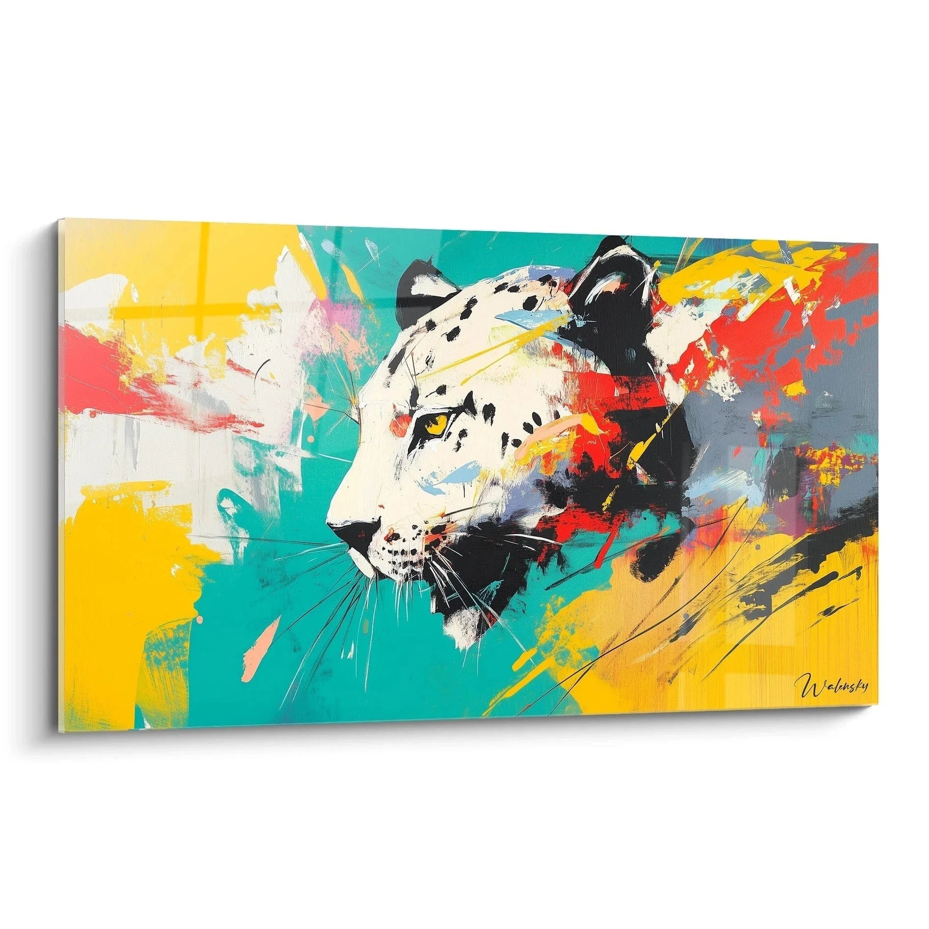 Wandbild Löwe abstrakt mit bunten Farben Türkis Gelb Rot moderne Kunstdruck Wildkatze expressionistisch