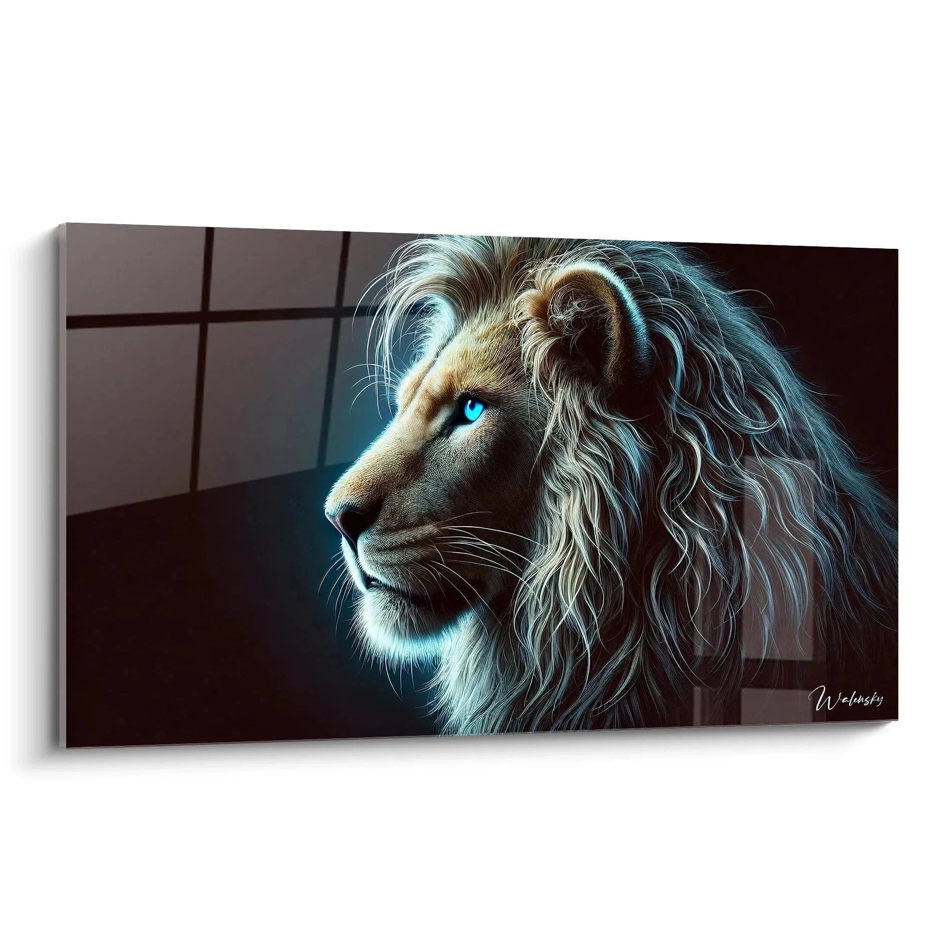 Wandbild Löwe mit blauen Augen und goldener Mähne im Profil auf Leinwand - Edition Löwe