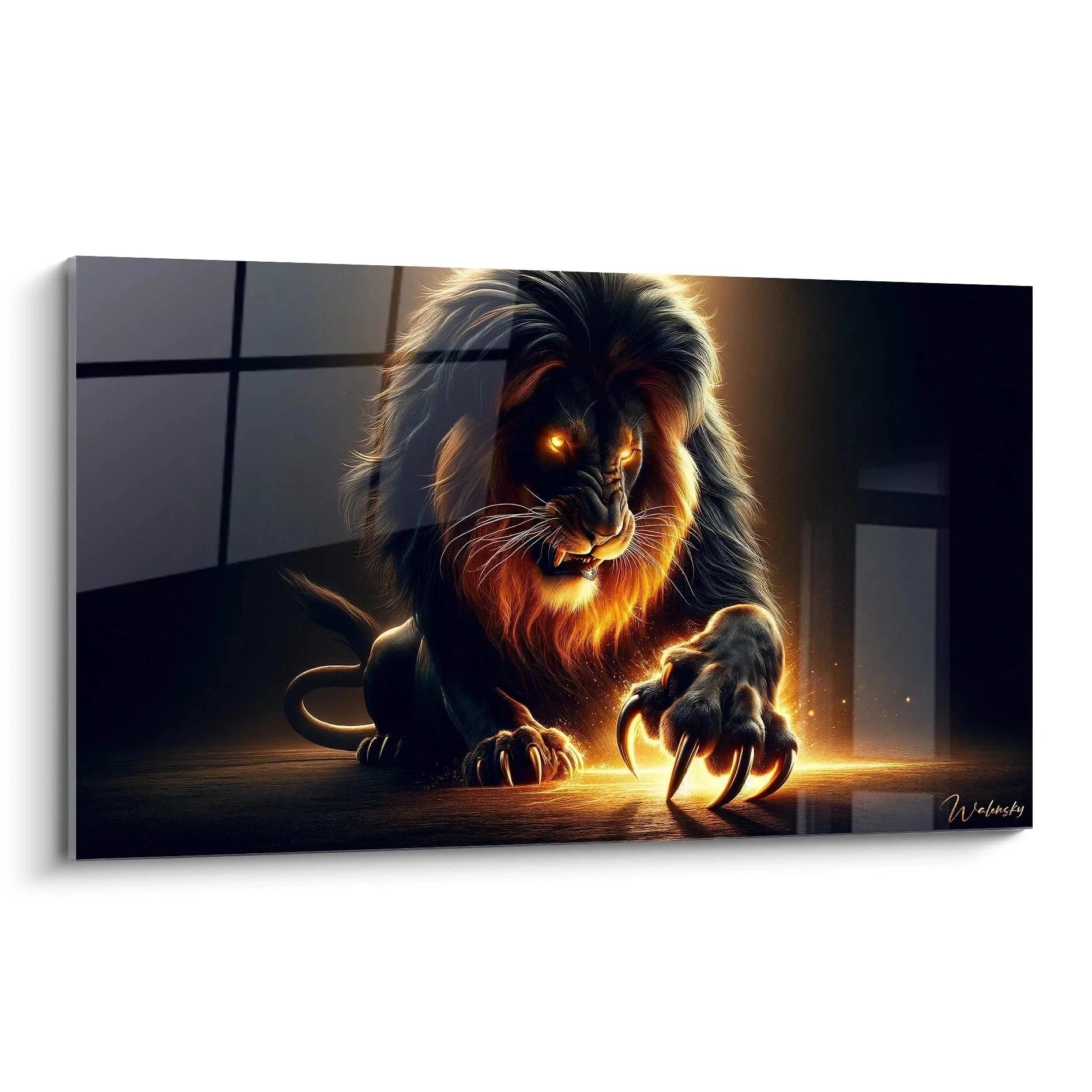 Wandbild Löwe mit Flammeneffekten und leuchtenden Augen in modernem Interieur