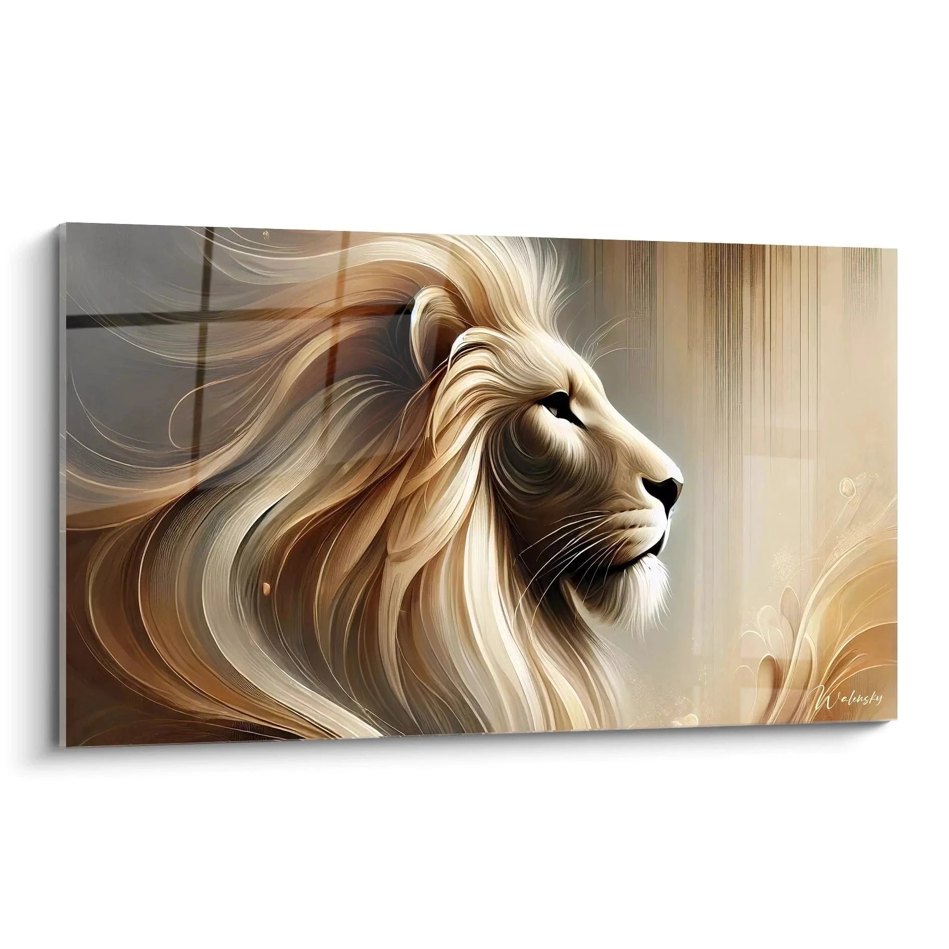Abstraktes Wandbild Löwe mit goldener fließender Mähne in warmen Erdtönen - Afrika Edition