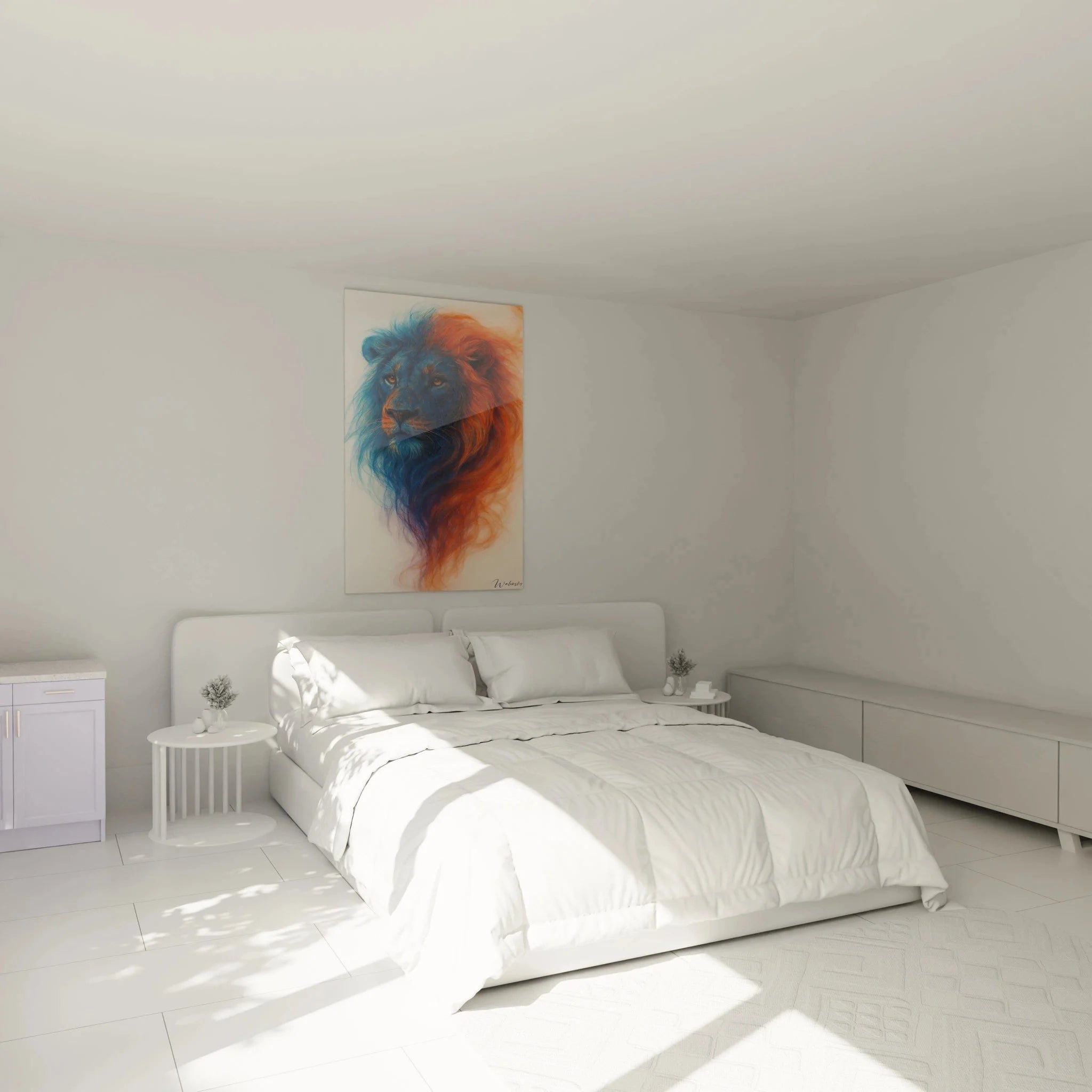 Wandbild Löwe in elegantem Schlafzimmer - Löwenportrait als stilvolle Wanddekoration über dem Bett