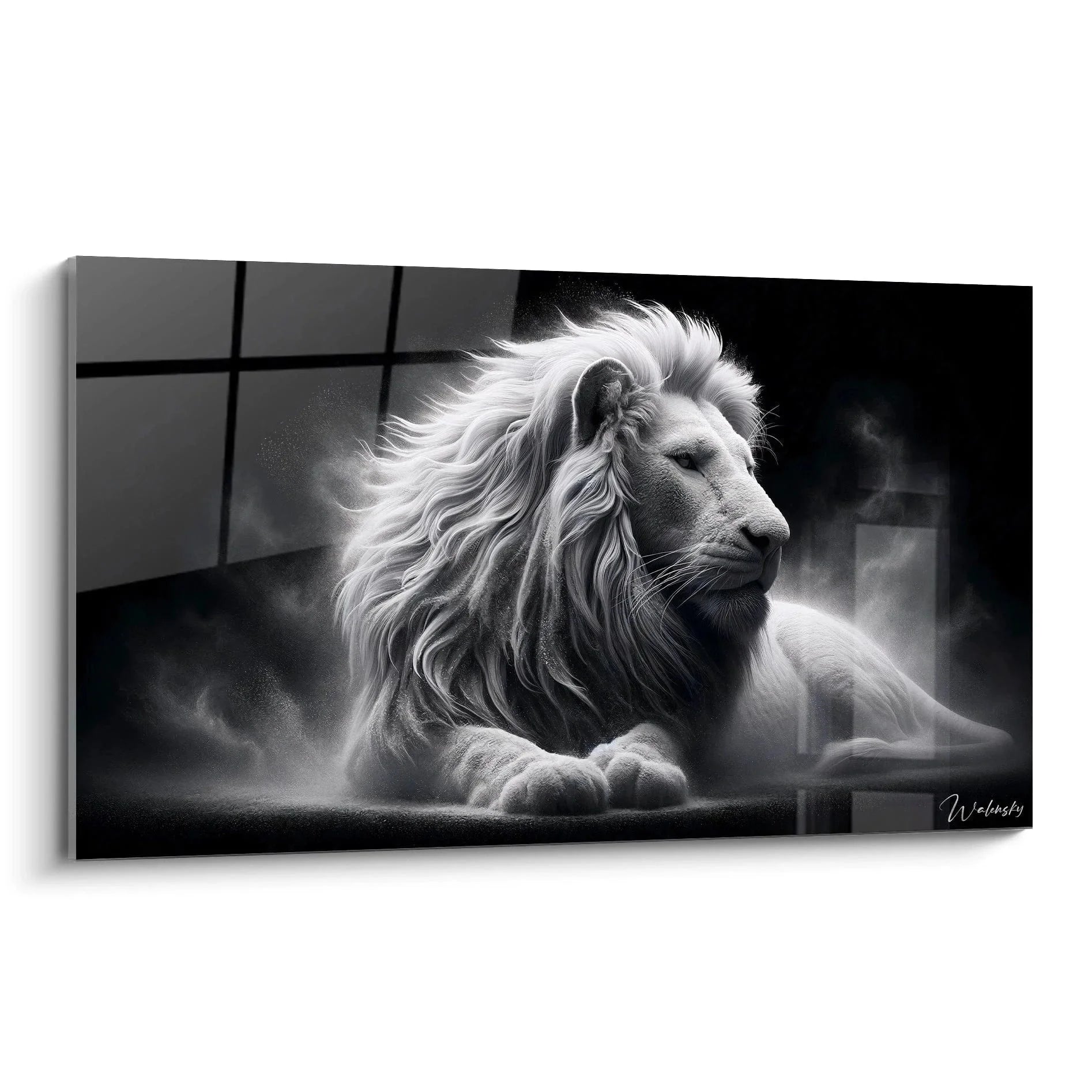 Majestätisches Wandbild Löwe in Schwarz-Weiß mit wallender Mähne - Edition Löwe Wanddekoration