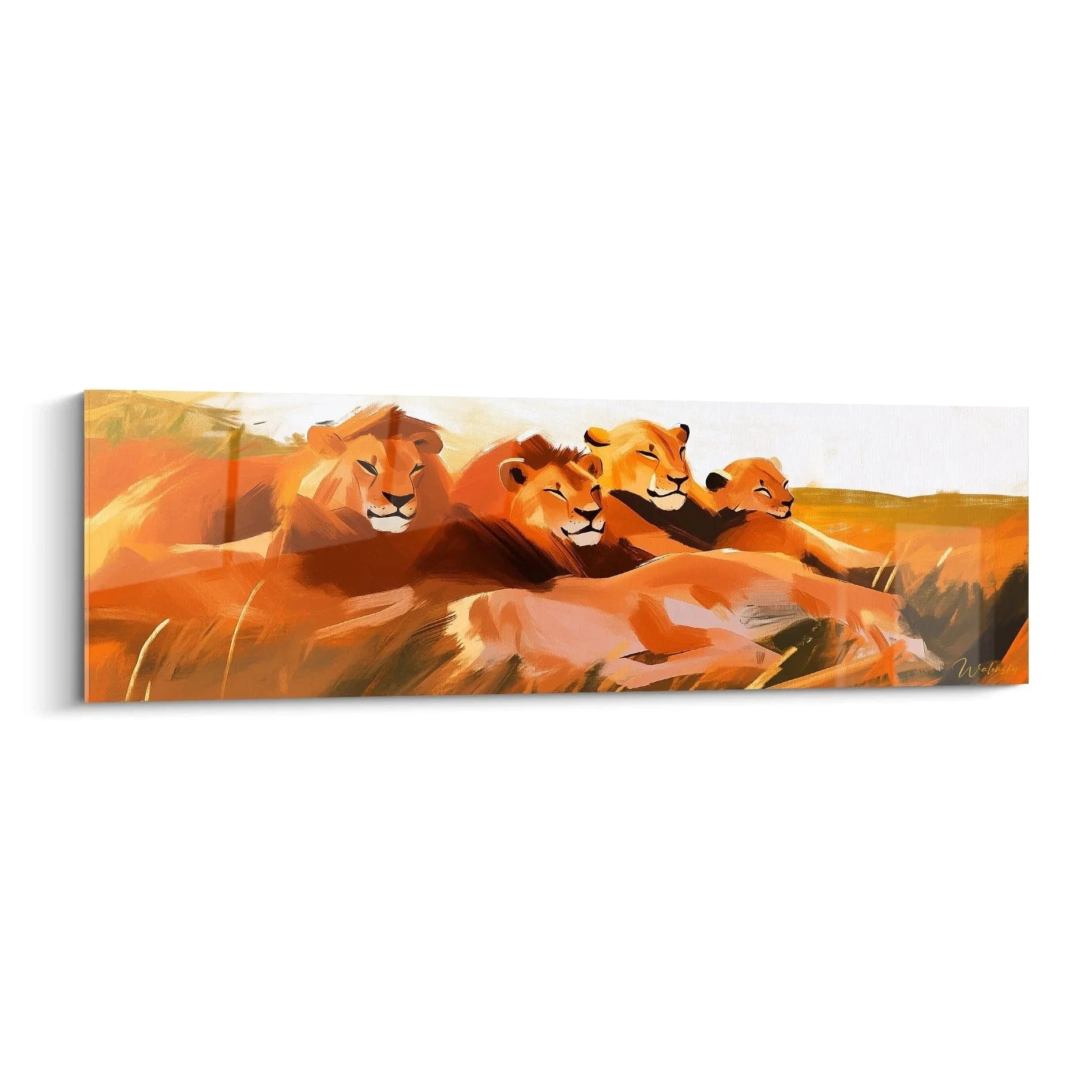 Wandbild Löwenfamilie Savanne - vier ruhende Löwen in warmen Orangetönen - Edition Löwe Wandkunst
