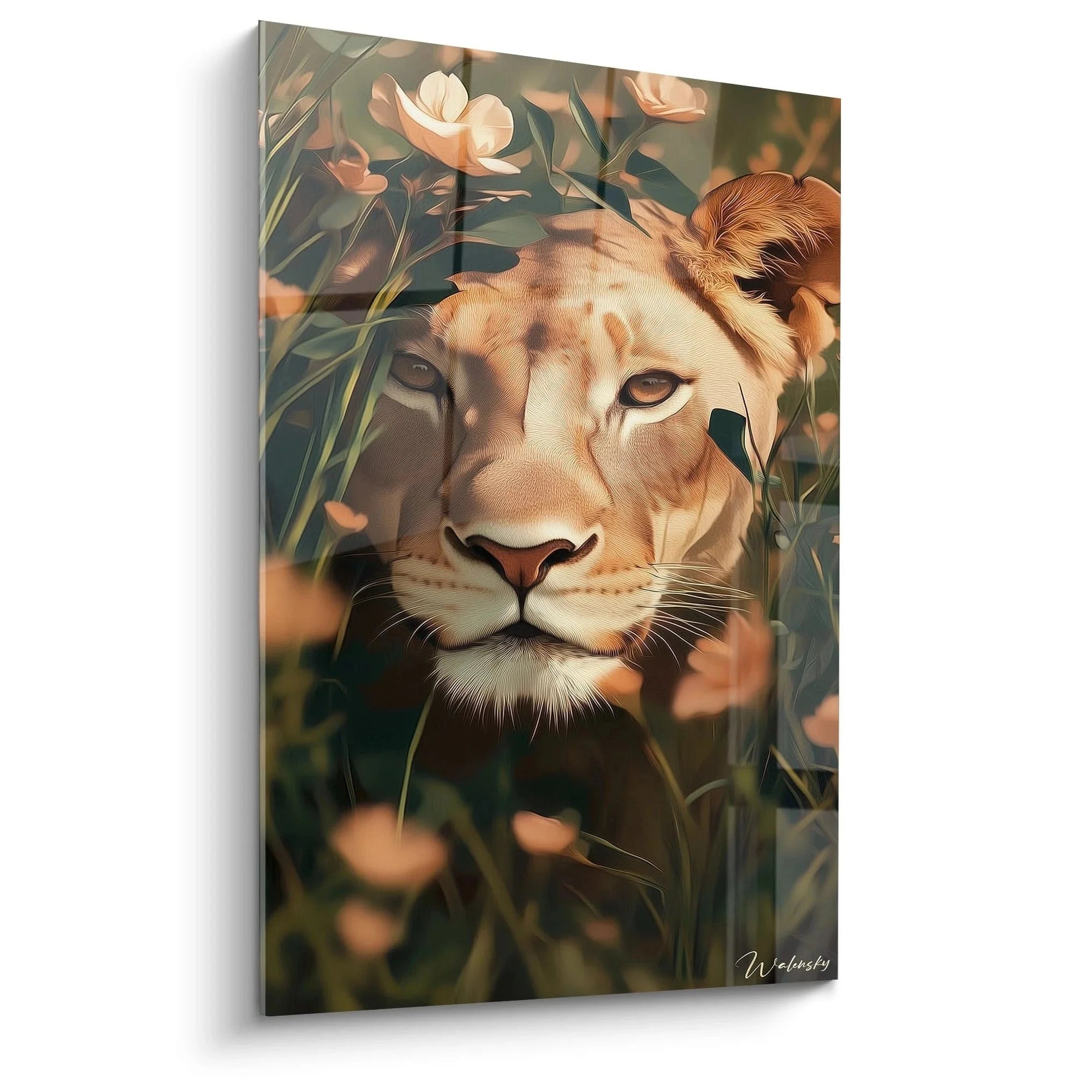 Wandbild Löwin im Blütenparadies mit Magnolien und grünen Blättern - Edition Löwin Kunstdruck