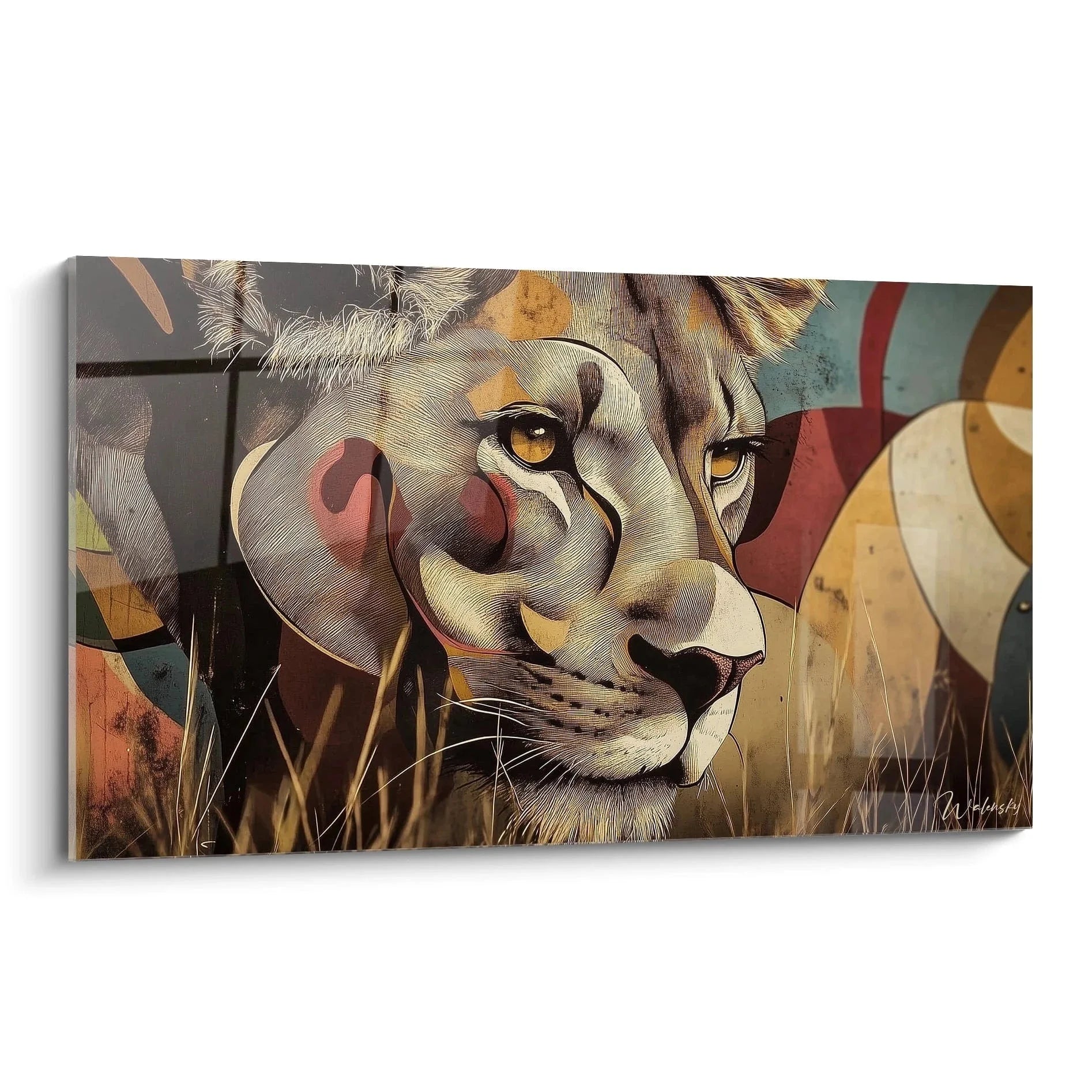 Wandbild Löwin kubistisches Portrait mit geometrischen Formen und warmen Erdtönen - Edition Löwin