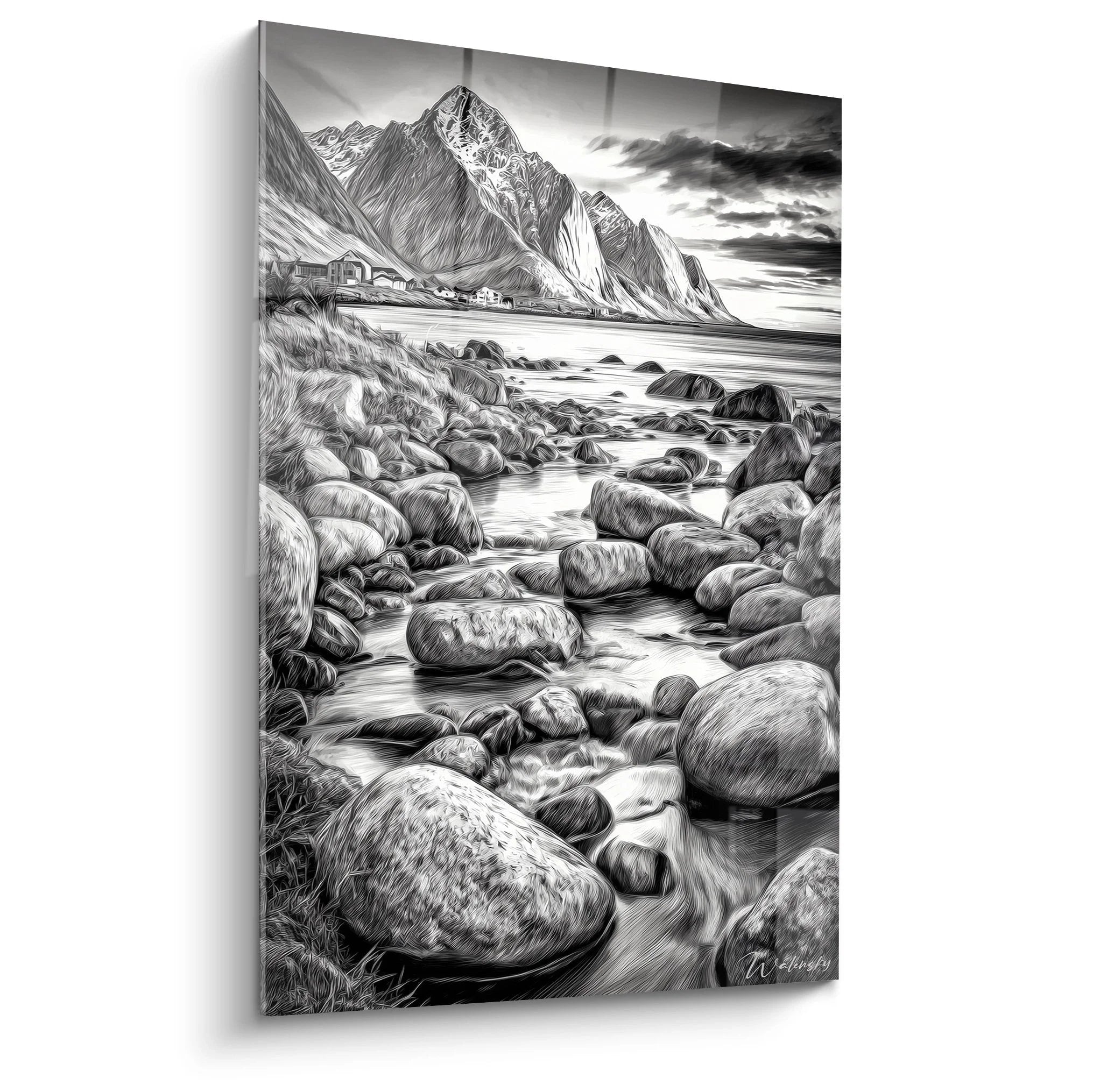 Wandbild Lofoten Fjordlandschaft schwarz-weiß mit dramatischen Bergen und Küstensteinen - Edition Inseln Archipele