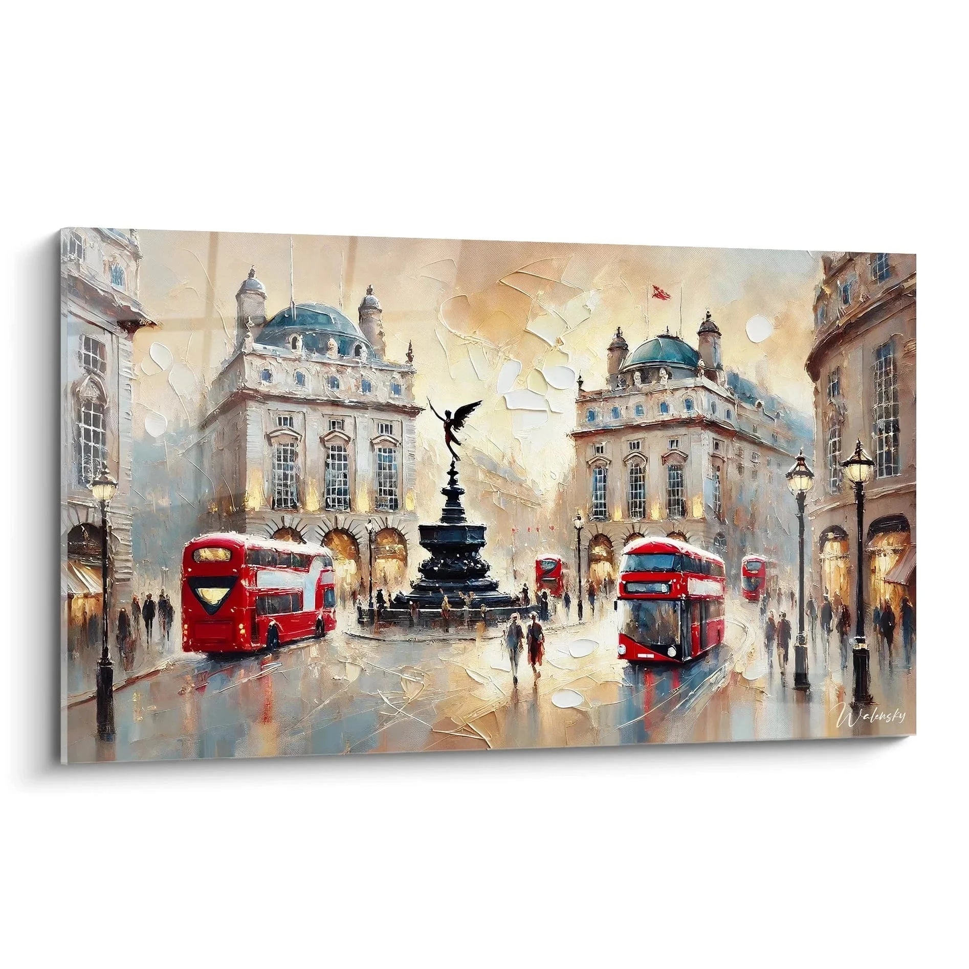 Wandbild London Piccadilly Circus mit roten Doppeldeckerbussen und Eros-Brunnen im Aquarell-Stil
