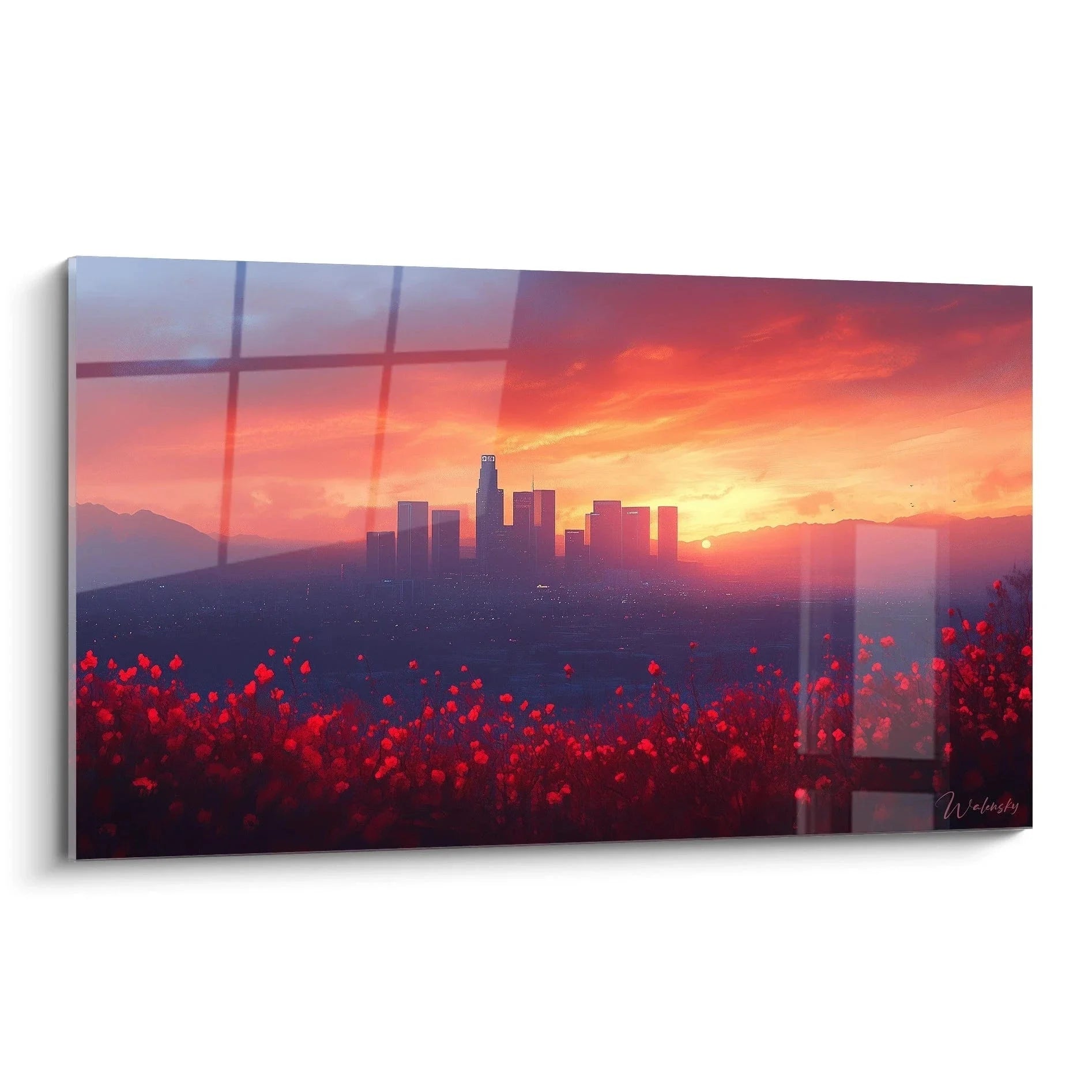 Wandbild Los Angeles Skyline bei Sonnenuntergang mit roten Blüten, XXL Stadtlandschaft Leinwand