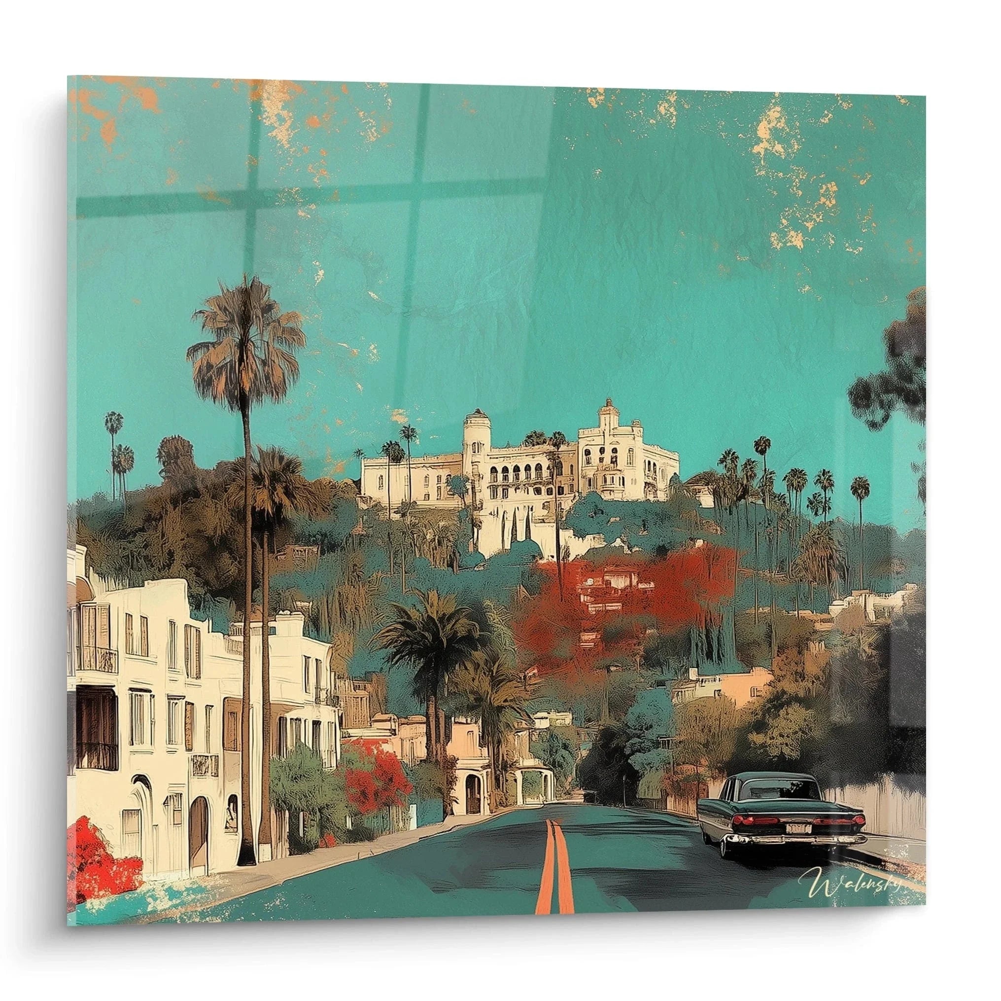 Wandbild Los Angeles Straßenszene mit Vintage Auto und Palmen in türkis-goldenen Farben