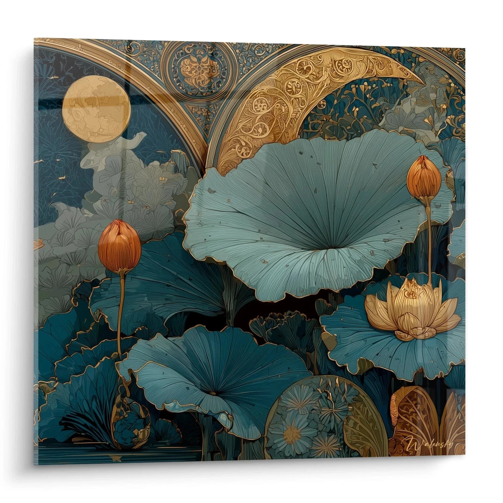 Wandbild Lotusblüten Jugendstil mit türkisen Blättern und goldenen Ornamenten im Art Nouveau Stil