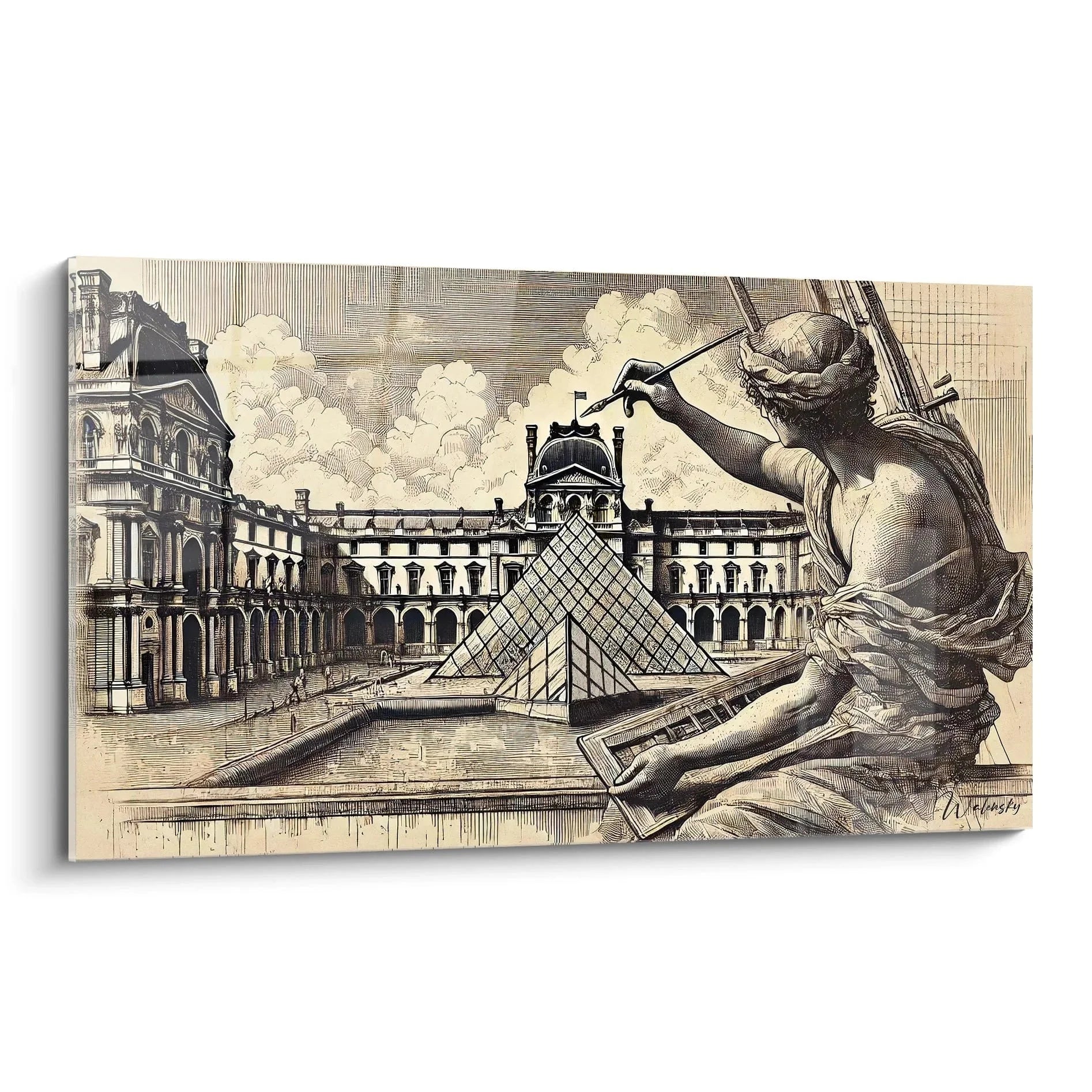 Wandbild Louvre Architektur Zeichnung Vintage Stil mit allegorischer Figur und Glaspyramide Paris Wanddekoration