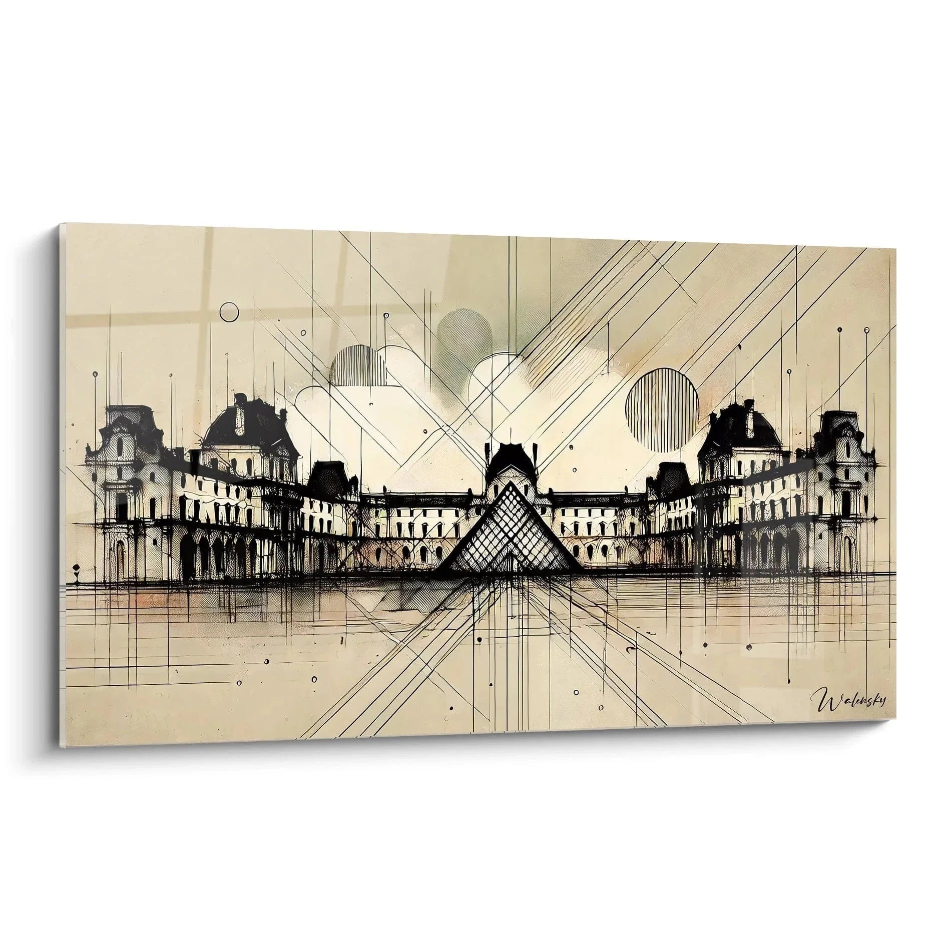 Wandbild Louvre Paris mit moderner Architektur Skizze und geometrischen Elementen in Beigetönen