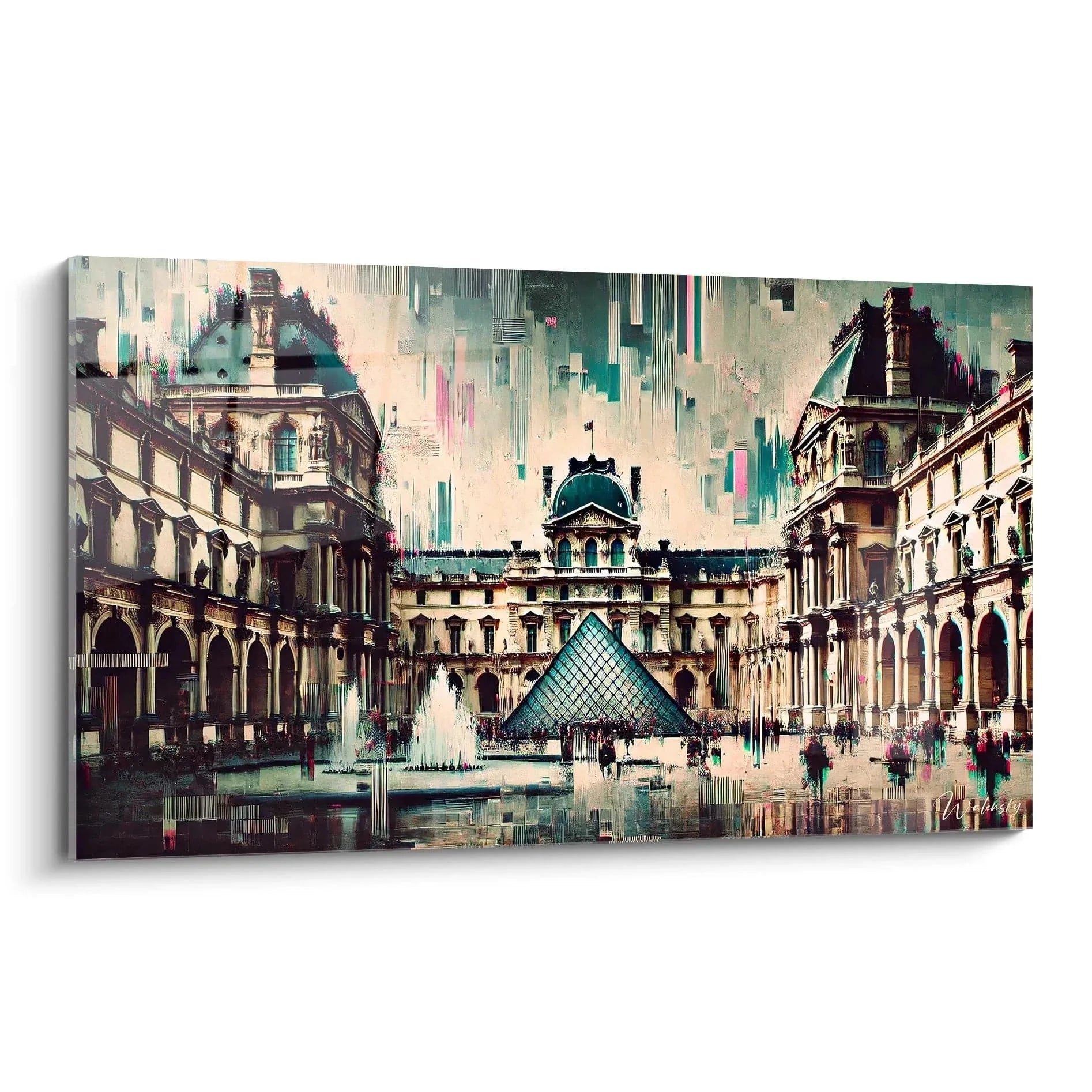 Wandbild Louvre Paris mit digitaler Kunst und Glaspyramide in modernem Stil