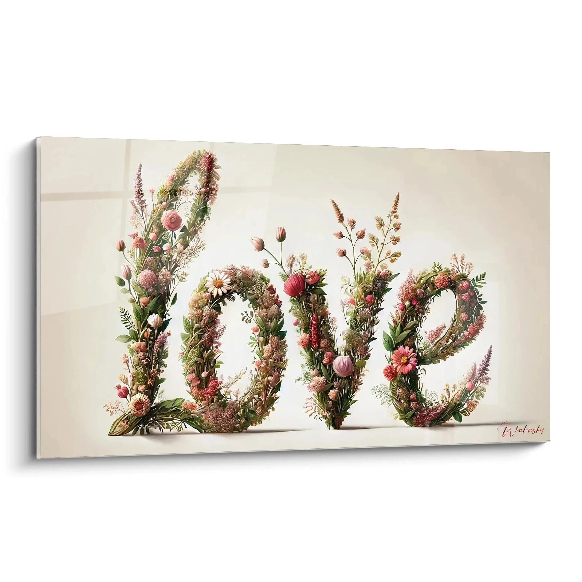 Wandbild Love mit floraler Typografie und rosa Blumen auf cremefarbenem Hintergrund