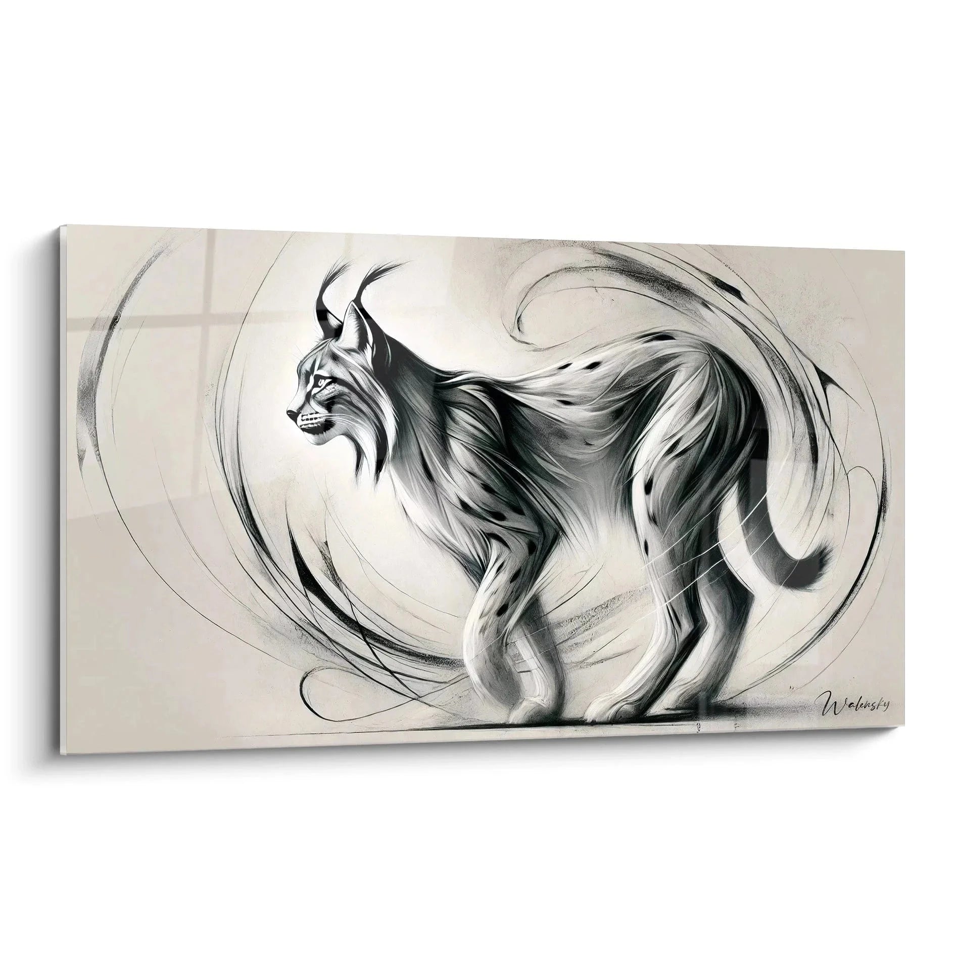 Wandbild Luchs in eleganter Bewegung, schwarz-weiße Kunstdarstellung einer majestätischen Wildkatze