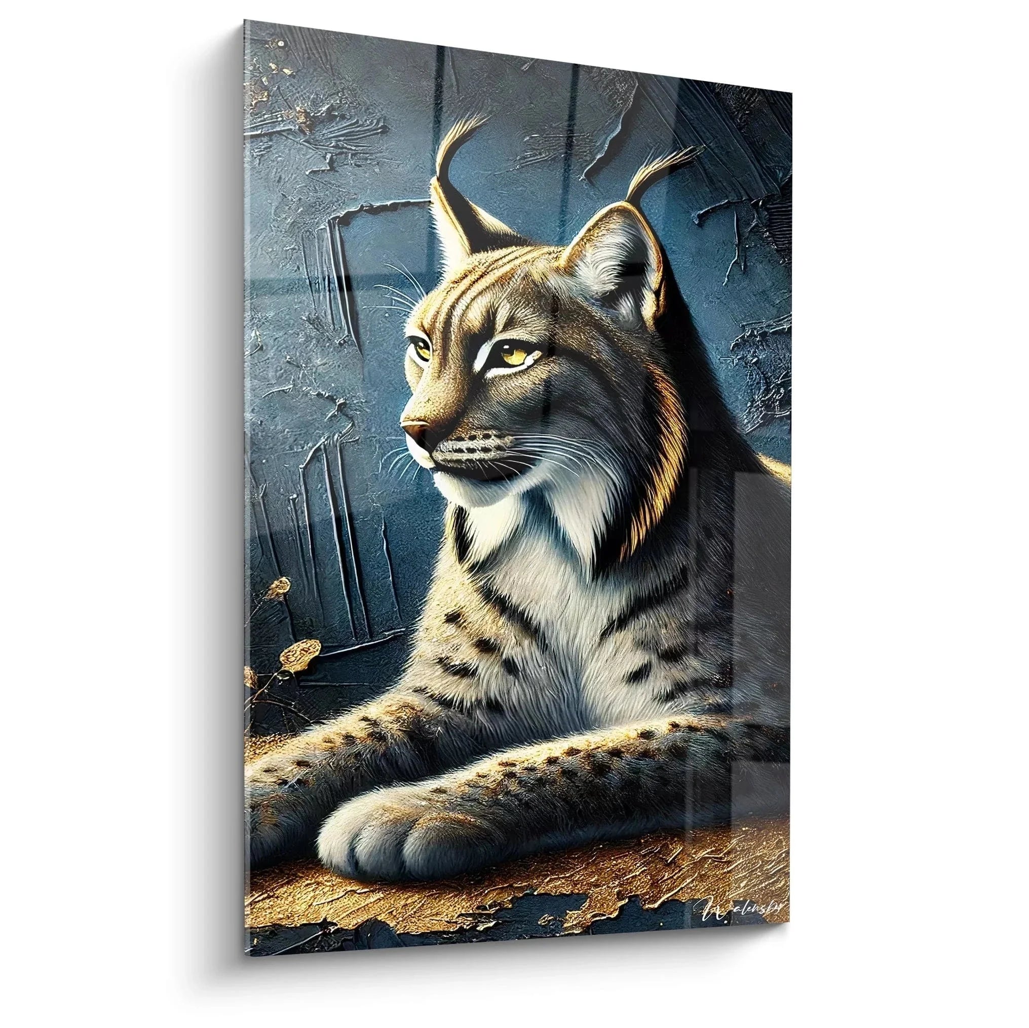 Majestätisches Wandbild Luchs mit gelben Augen und Pinselohren vor strukturiertem Hintergrund