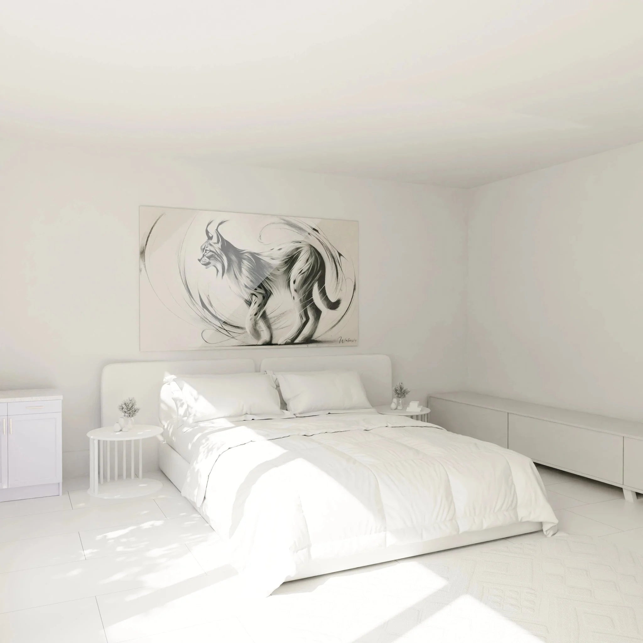 Wandbild Luchs Schlafzimmer Ambiente, elegante schwarz-weiße Wanddekoration über dem Bett