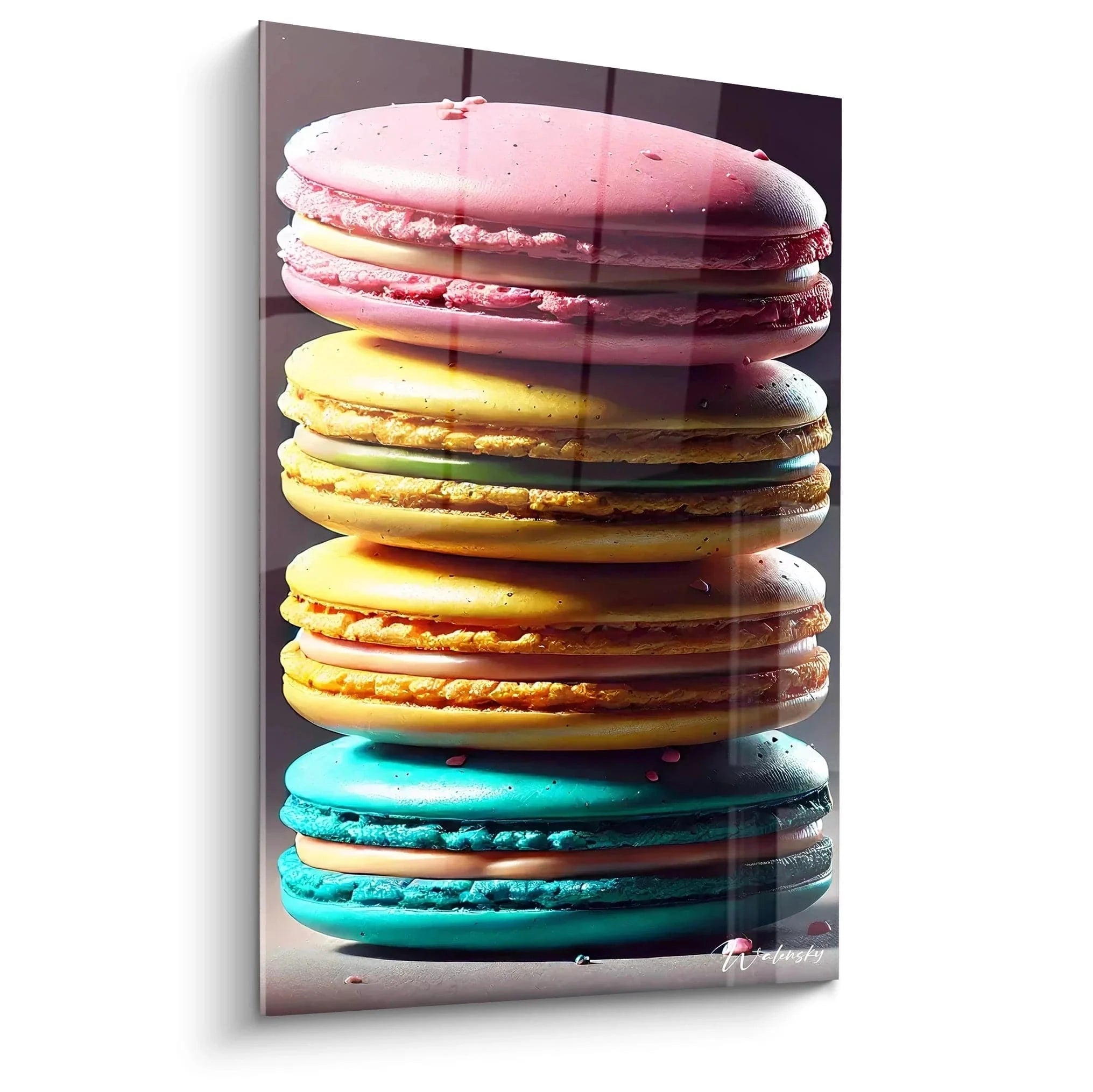 Buntes Wandbild mit gestapelten Macarons in Rosa, Gelb und Türkis für moderne Küchendekoration