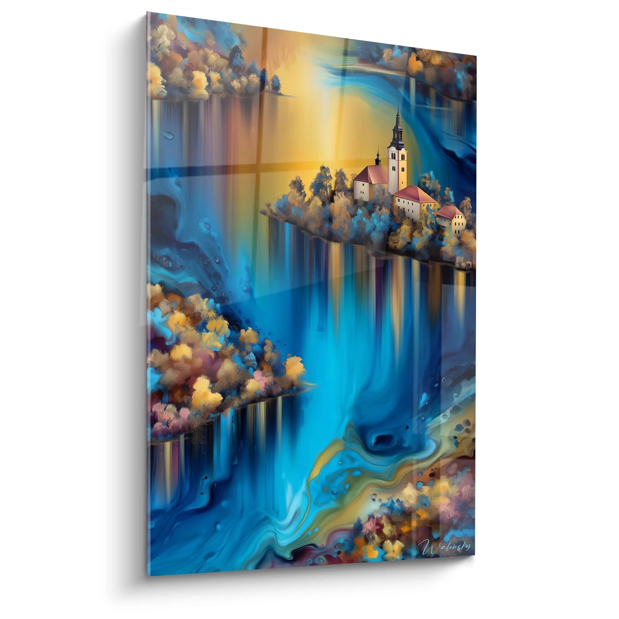 Wandbild Märchenschloss auf See mit surrealen blauen Farbverläufen und Herbstbäumen - Edition See