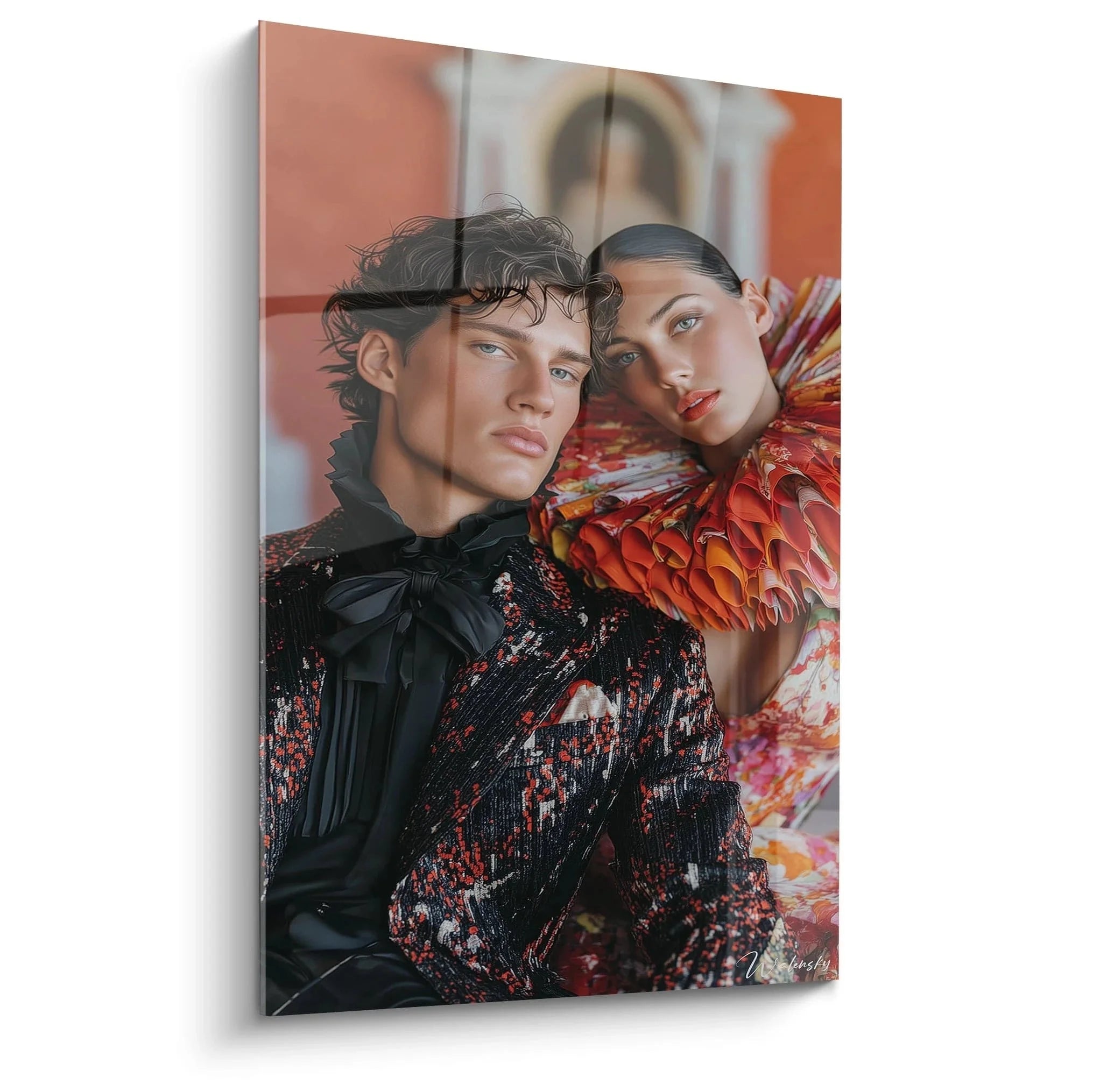 Wandbild XXL Männerpaar in extravaganter schwarzer Mode mit roten Rüschen - männliche Schönheit Kunstdruck