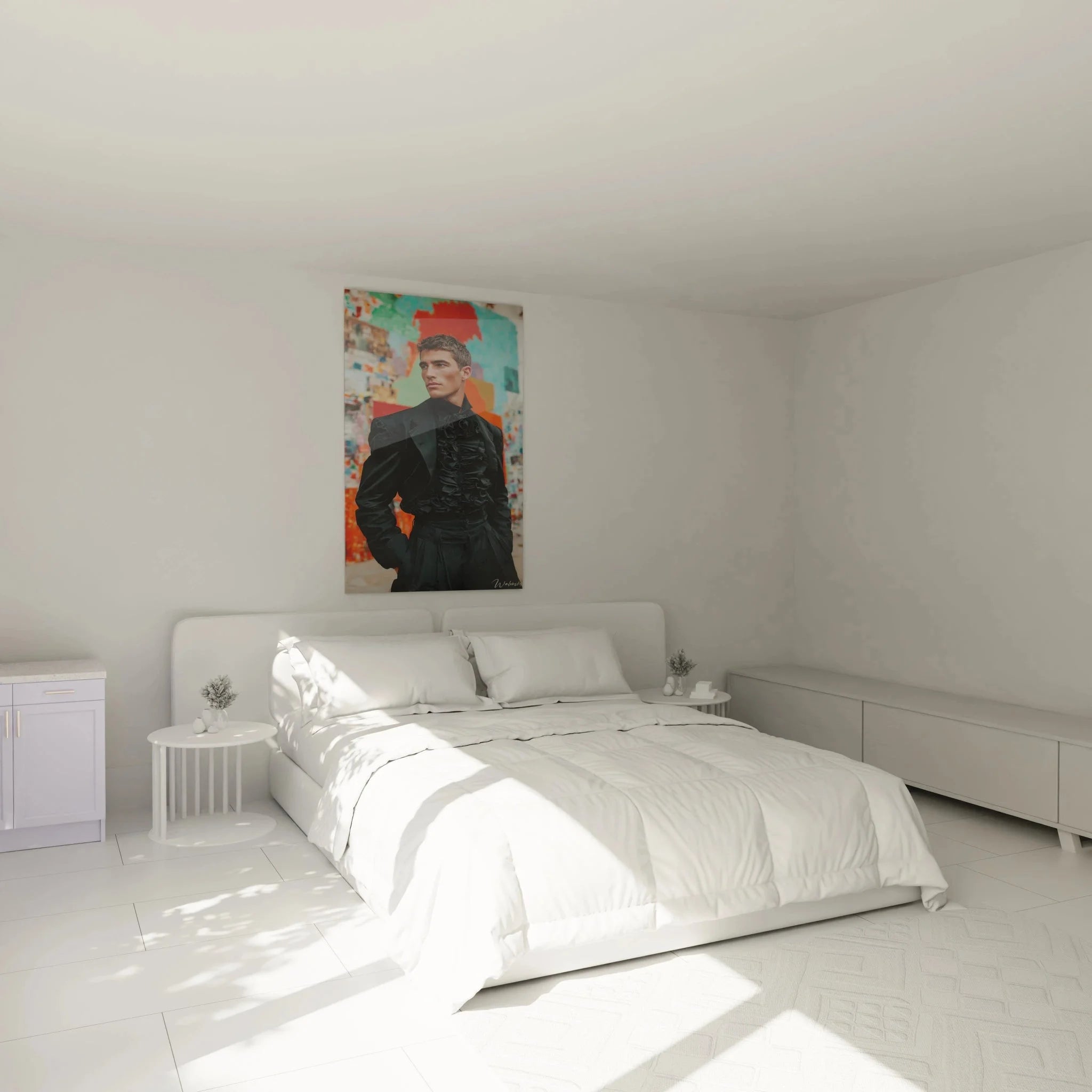 Stilvolles Wandbild männliche Schönheit in modernem Schlafzimmer über dem Bett arrangiert