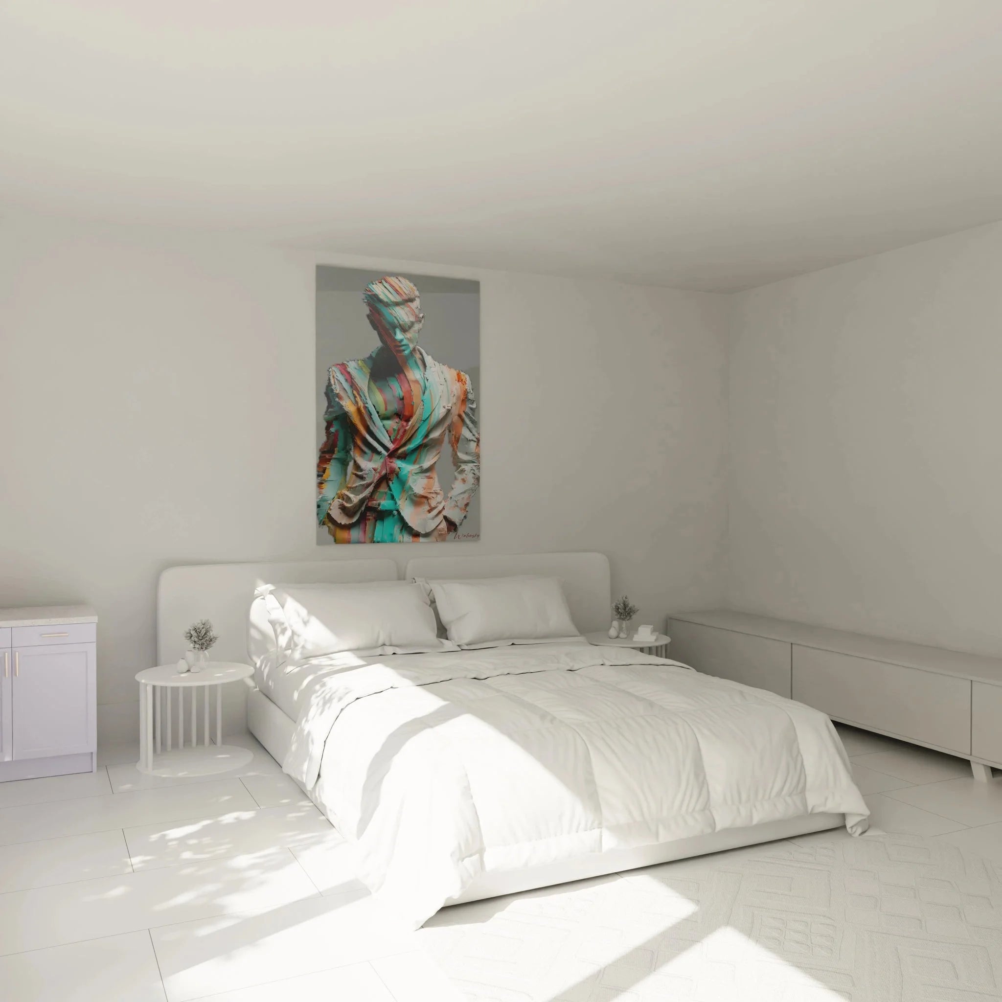 Wandbild männlicher Torso abstrakt in elegantem Schlafzimmer, moderne maskuline Wanddekoration in warmen Farben