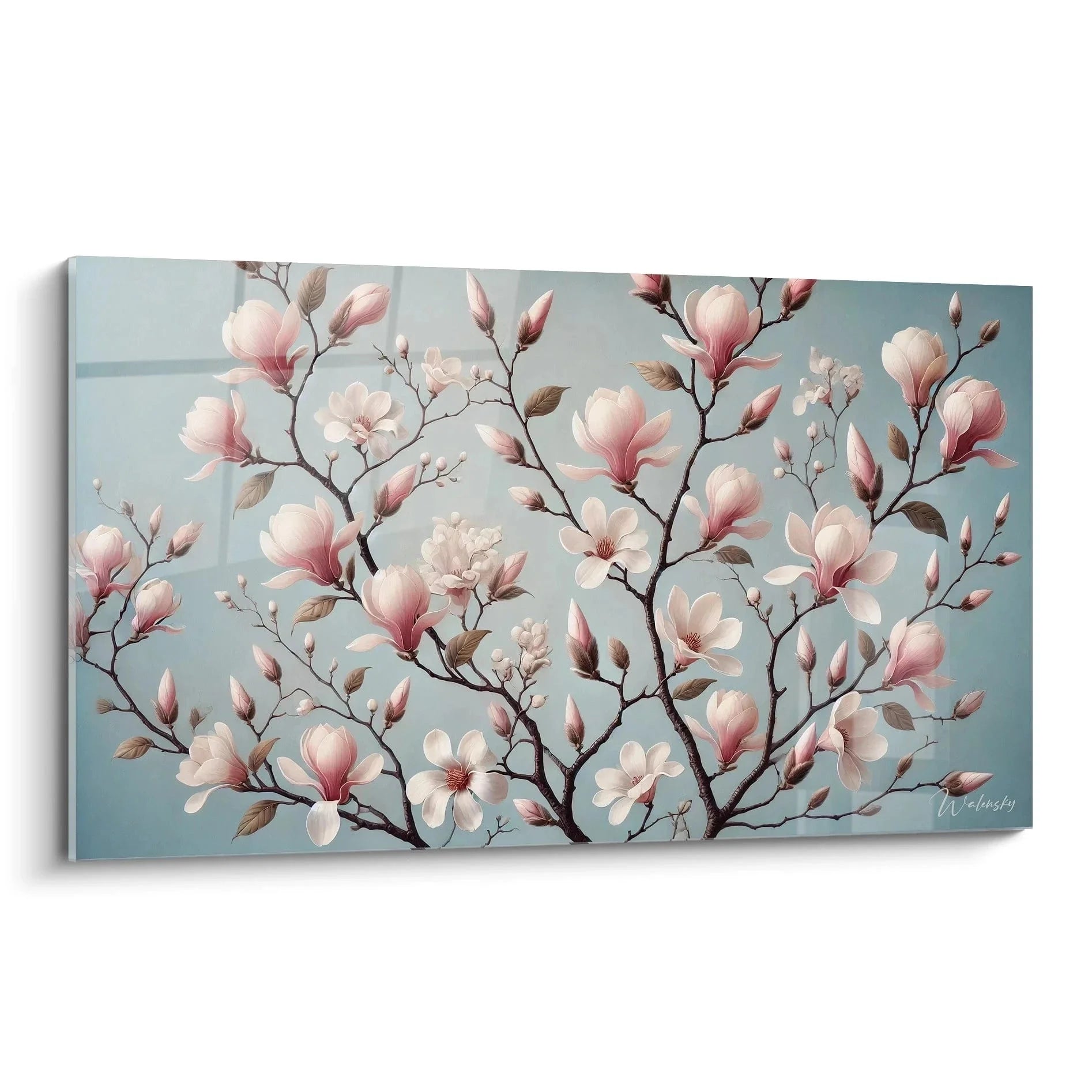 Wandbild Magnolienblüten japanischer Stil rosa weiße Blüten hellblauer Hintergrund elegante Wanddekoration