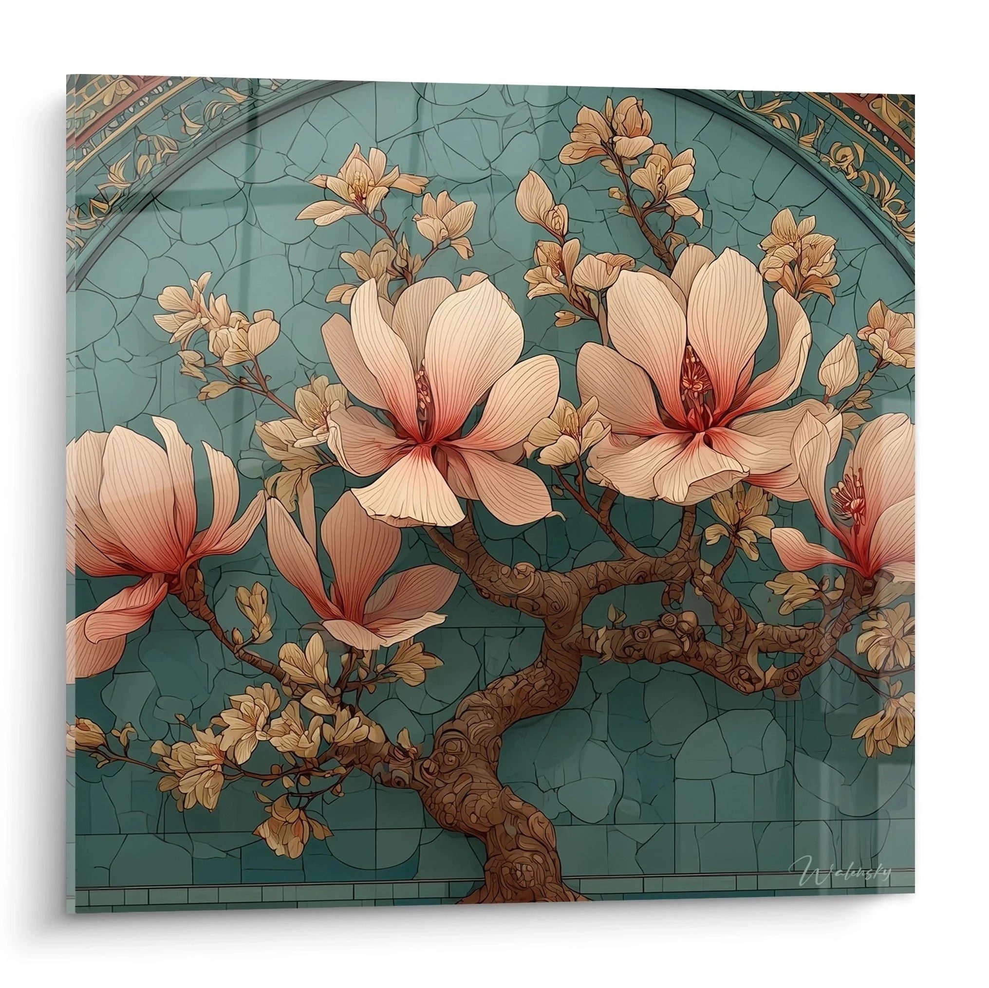 Wandbild Magnolienblüte Jugendstil mit rosa Blüten auf türkisem Craquelé-Hintergrund
