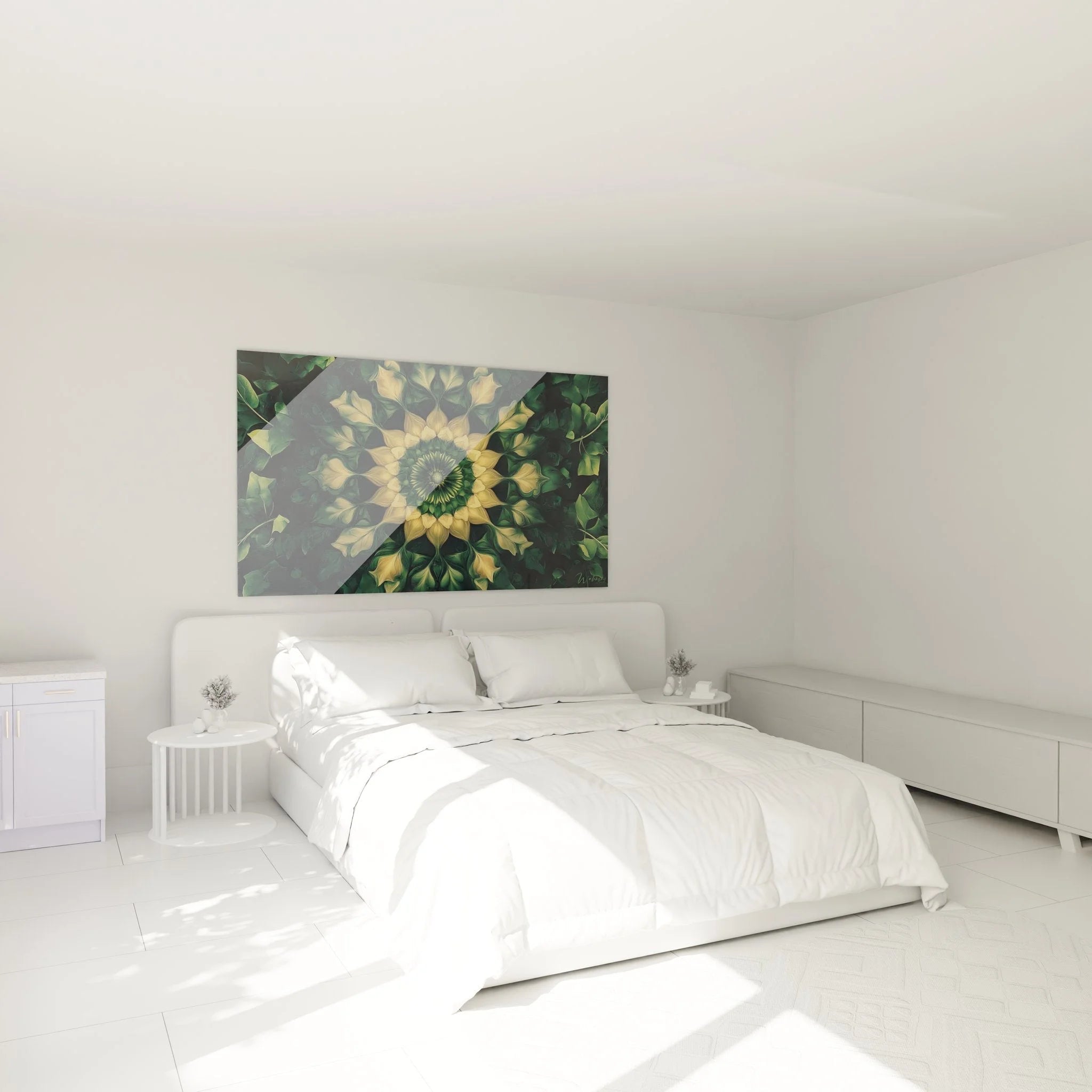 Wandbild XXL Mandala Schlafzimmer goldene Blätter fraktale Wandkunst Dekoration