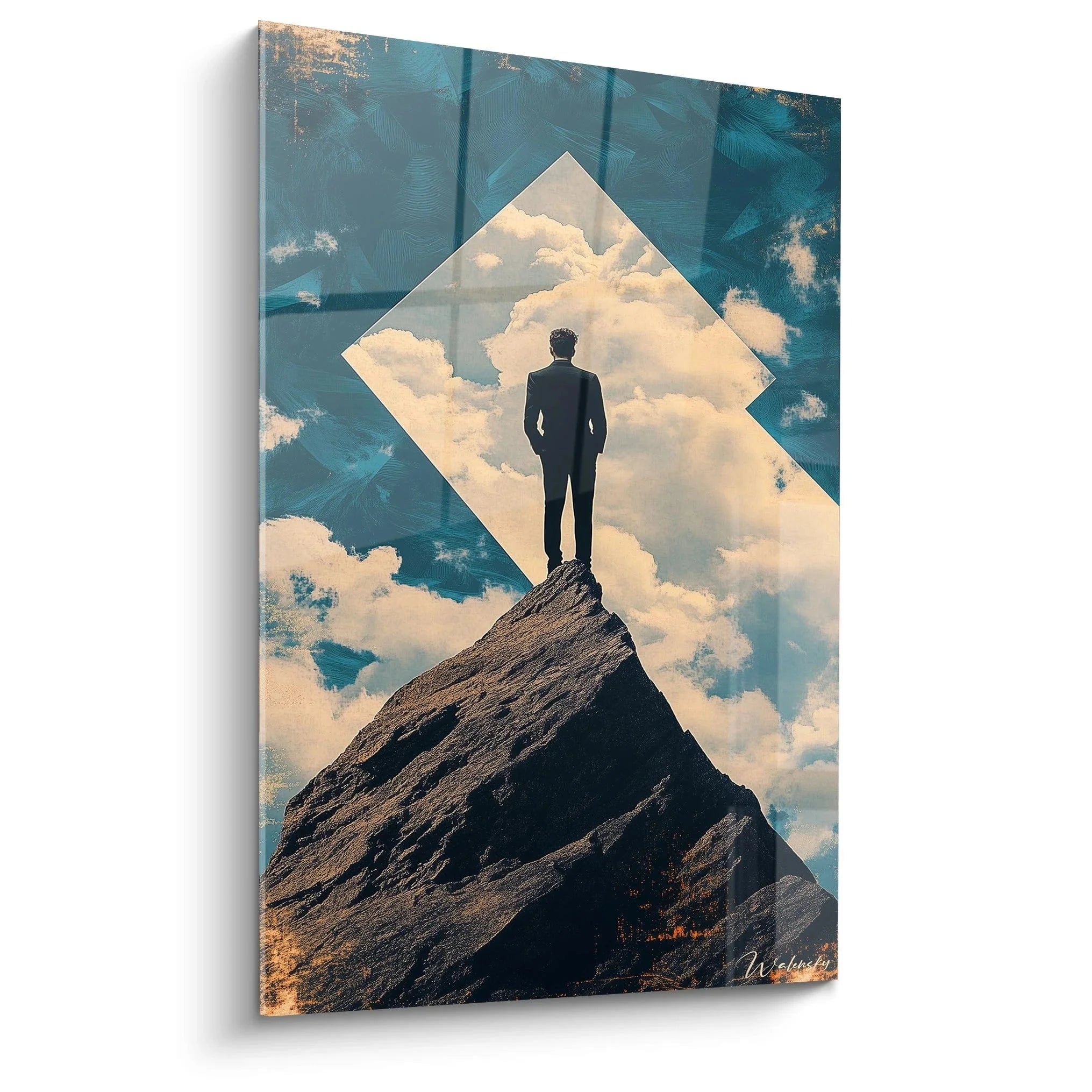 Wandbild Mann auf Bergspitze mit geometrischer Himmelsöffnung - Caspar David Friedrich Stil