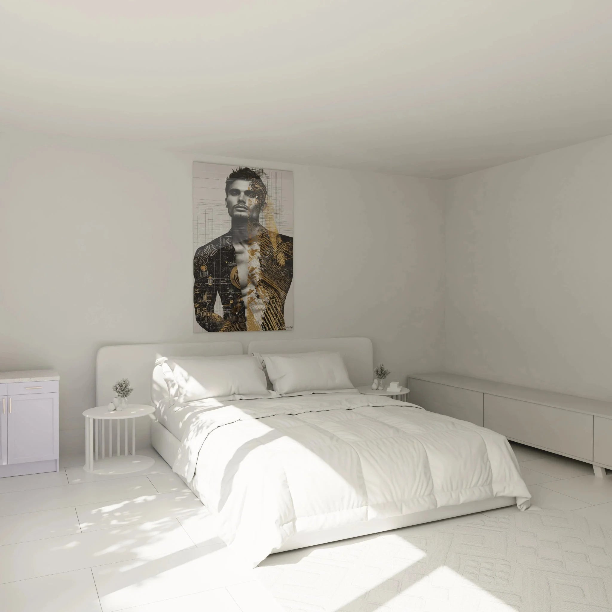 Wandbild Mann Portrait geometric in Schlafzimmer Ambiente mit moderner Einrichtung