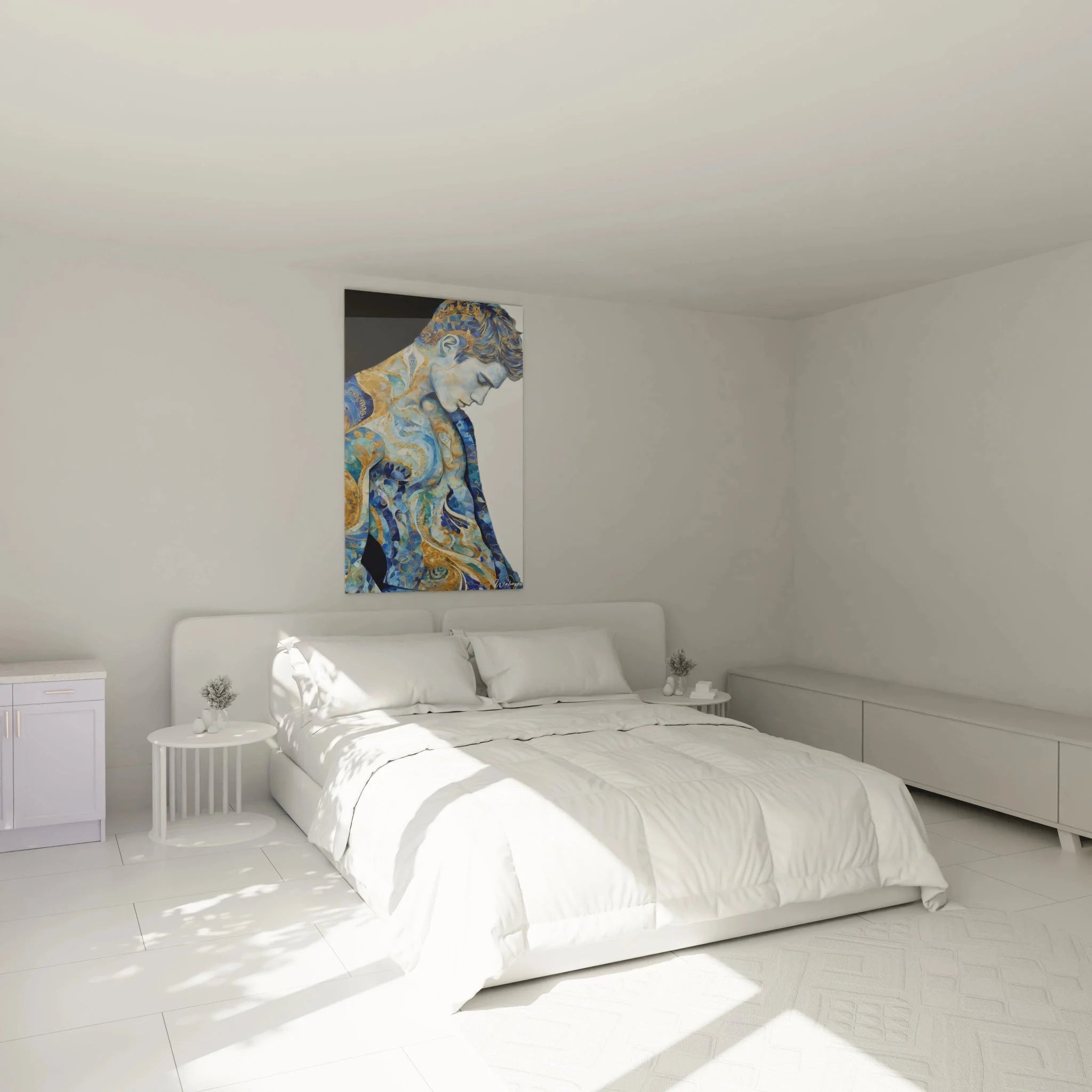 Wandbild kunstvoller Mann in Schlafzimmer Ambiente, blaue Eleganz Wanddekoration