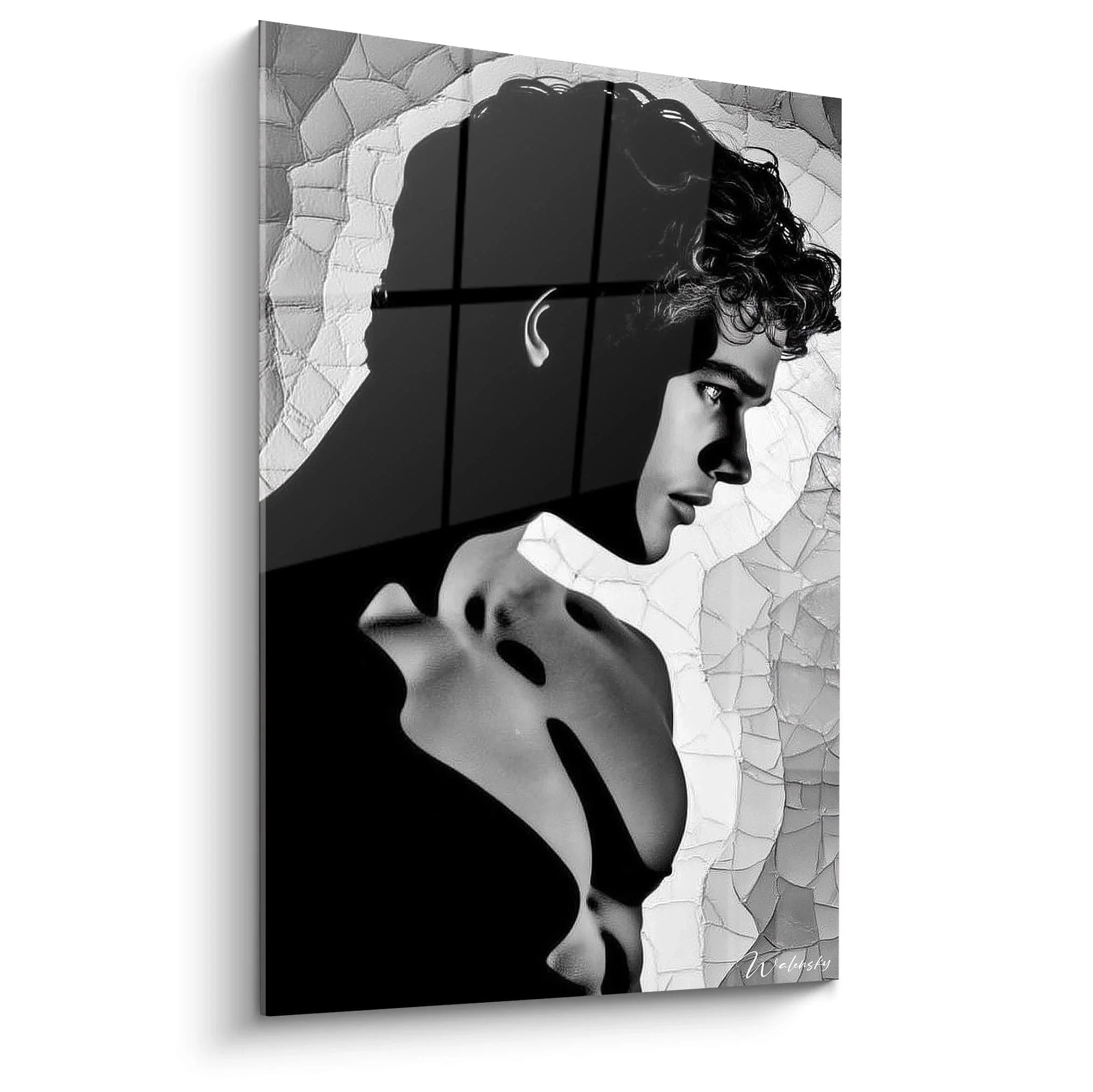 Wandbild Mann Schwarz-Weiß Portrait mit geometrischen Elementen - Moderne männliche Schönheit Wandkunst