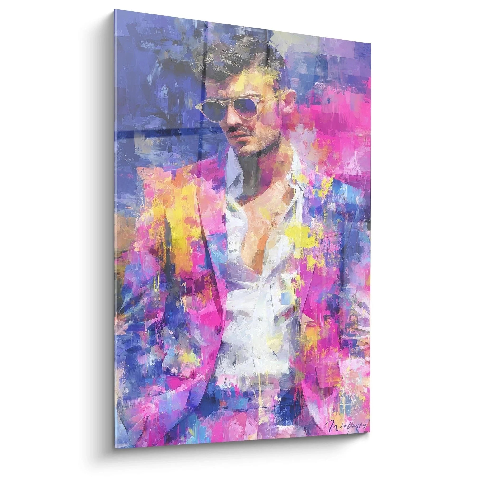 Wandbild Mann mit Sonnenbrille in bunten Farben, Vintage Mode Edition, moderne Wandkunst Portrait