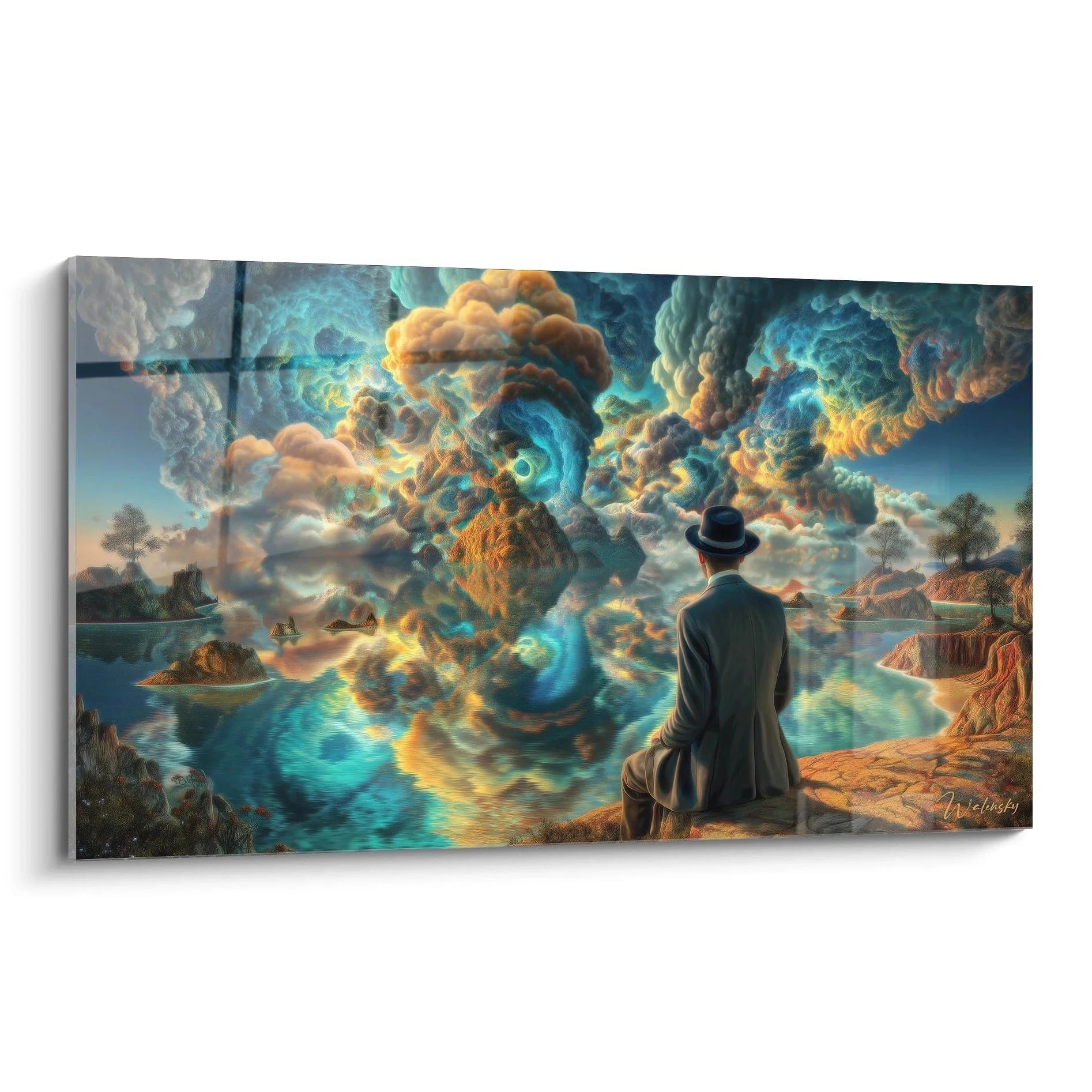 Surrealistisches Wandbild Mann mit Zylinder betrachtet mystische Wolkenlandschaft über Wasser in Orange Türkis Tönen