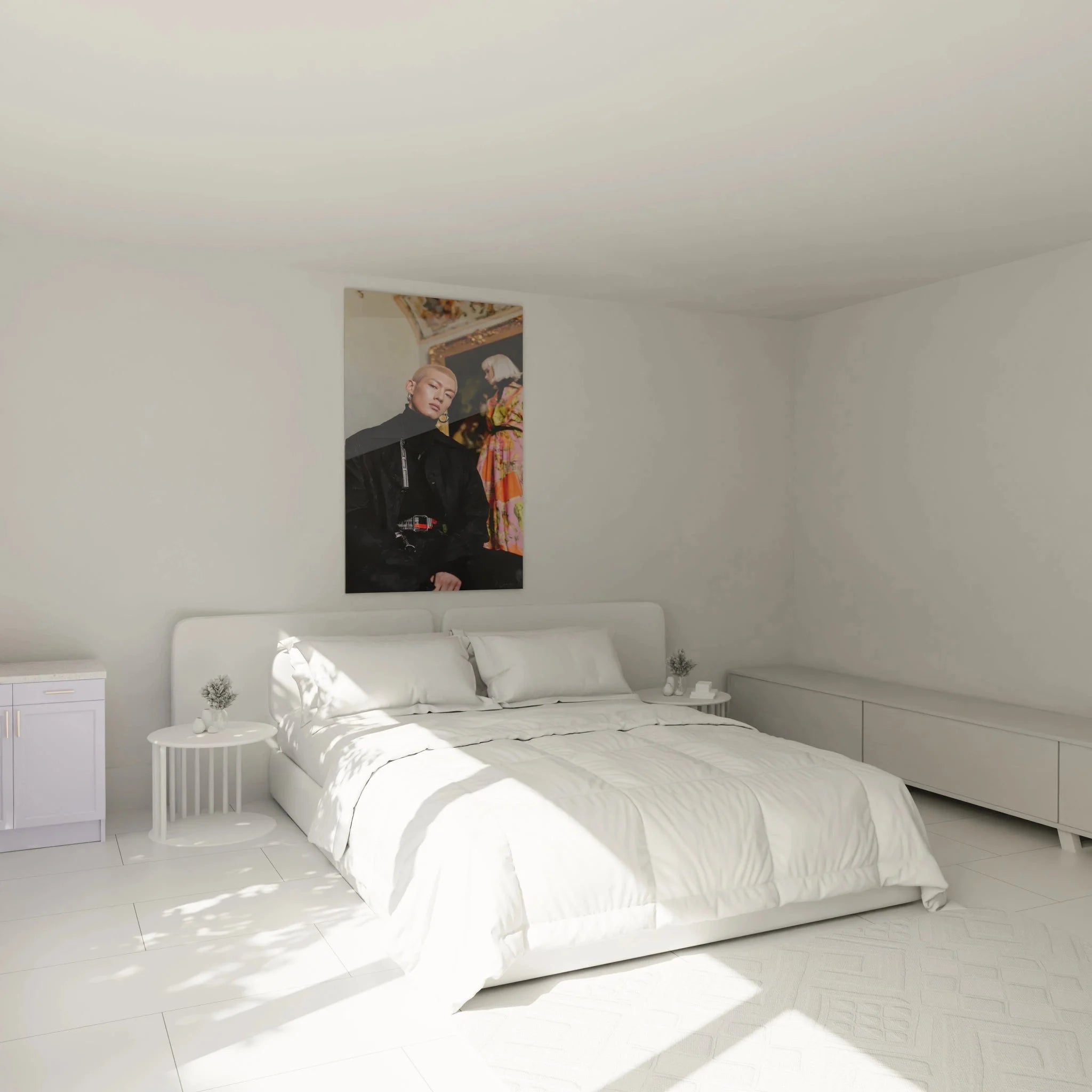 Wandbild männlicher Model in modernem Schlafzimmer-Ambiente, stilvolle maskuline Wanddekoration