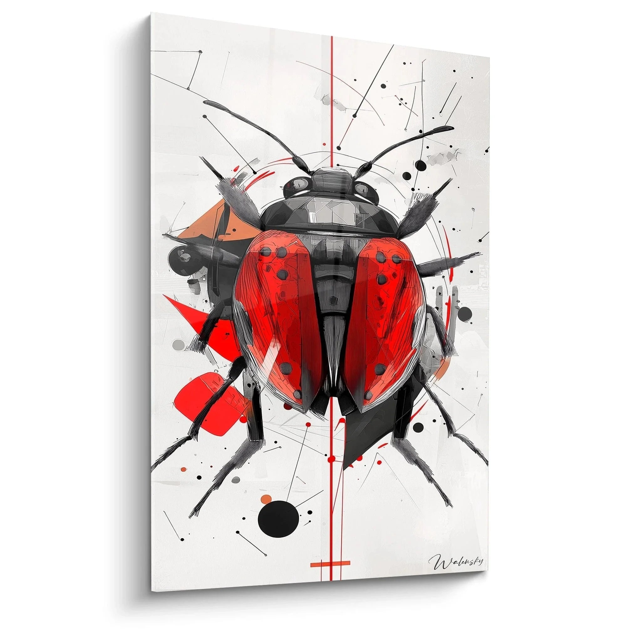 Abstraktes Wandbild Marienkäfer rot-schwarz im Sonia Delaunay Stil, moderne geometrische Kunst