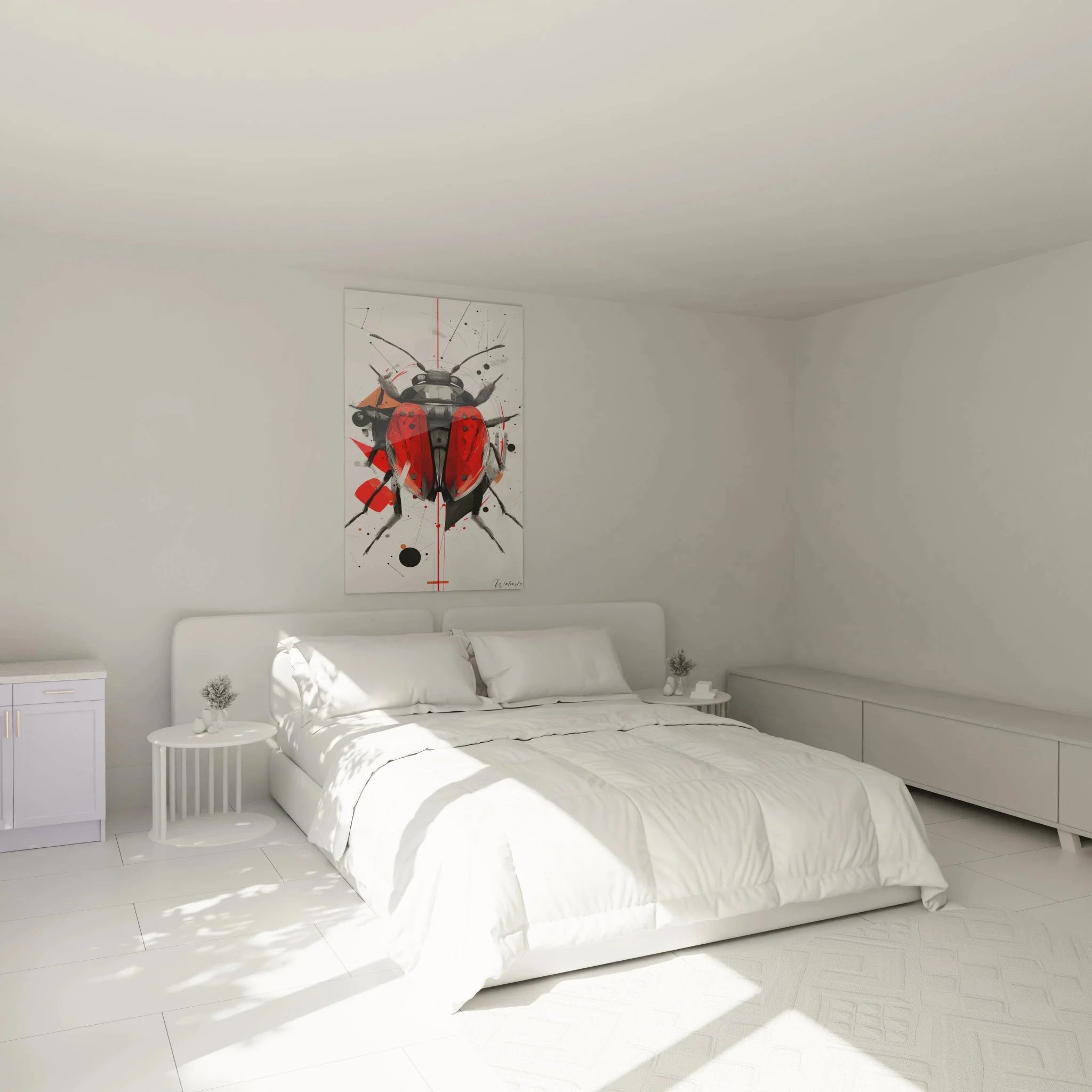 Wandbild XXL Marienkäfer abstrakt in Schlafzimmer Ambiente, moderne Wanddekoration