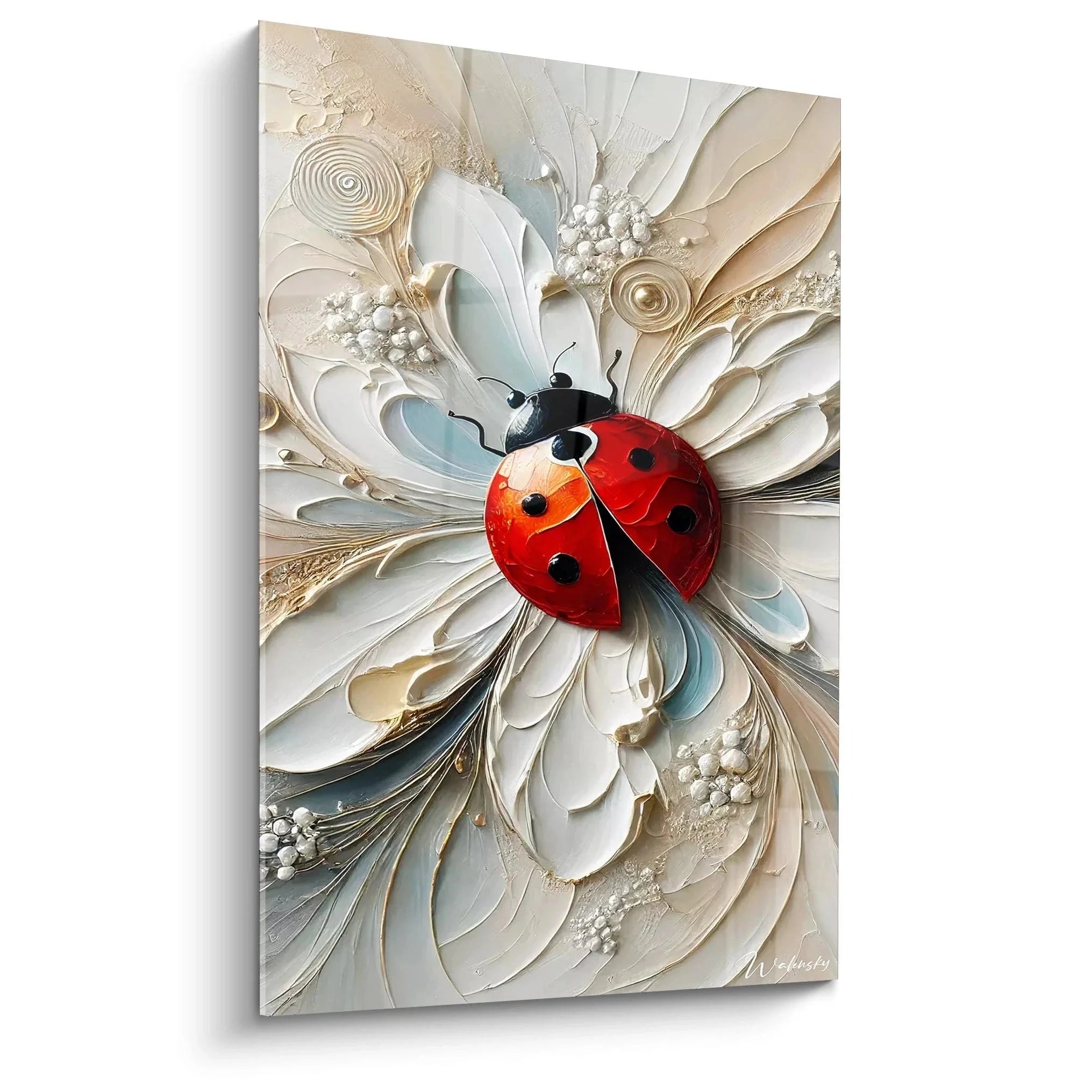 Wandbild Marienkäfer auf cremefarbener Blüte mit Relief-Optik und Perlen-Dekoration in XXL Format