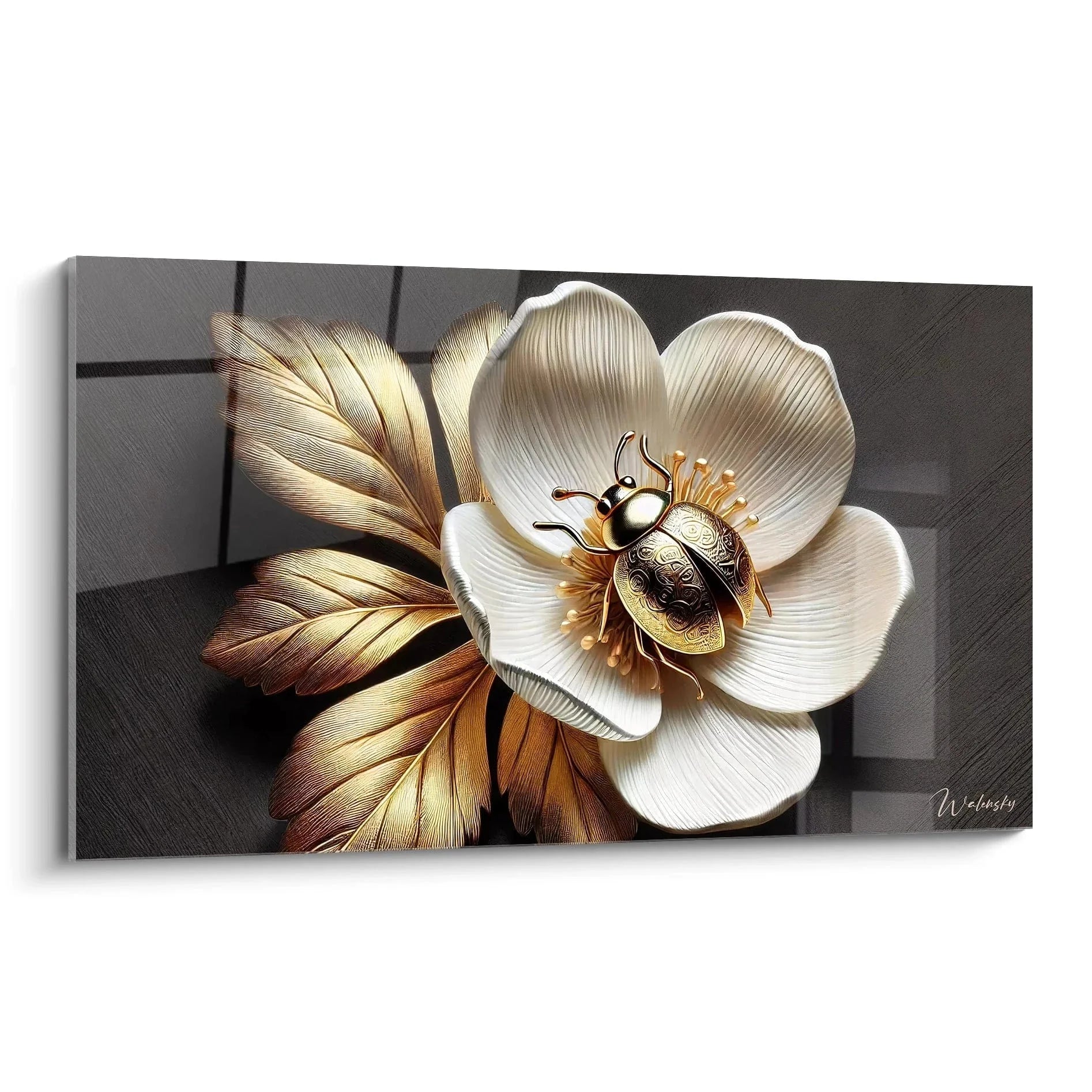 Wandbild Marienkäfer auf weißer Magnolienblüte mit goldenen Federn - Premium Leinwanddruck Edition Marienkäfer