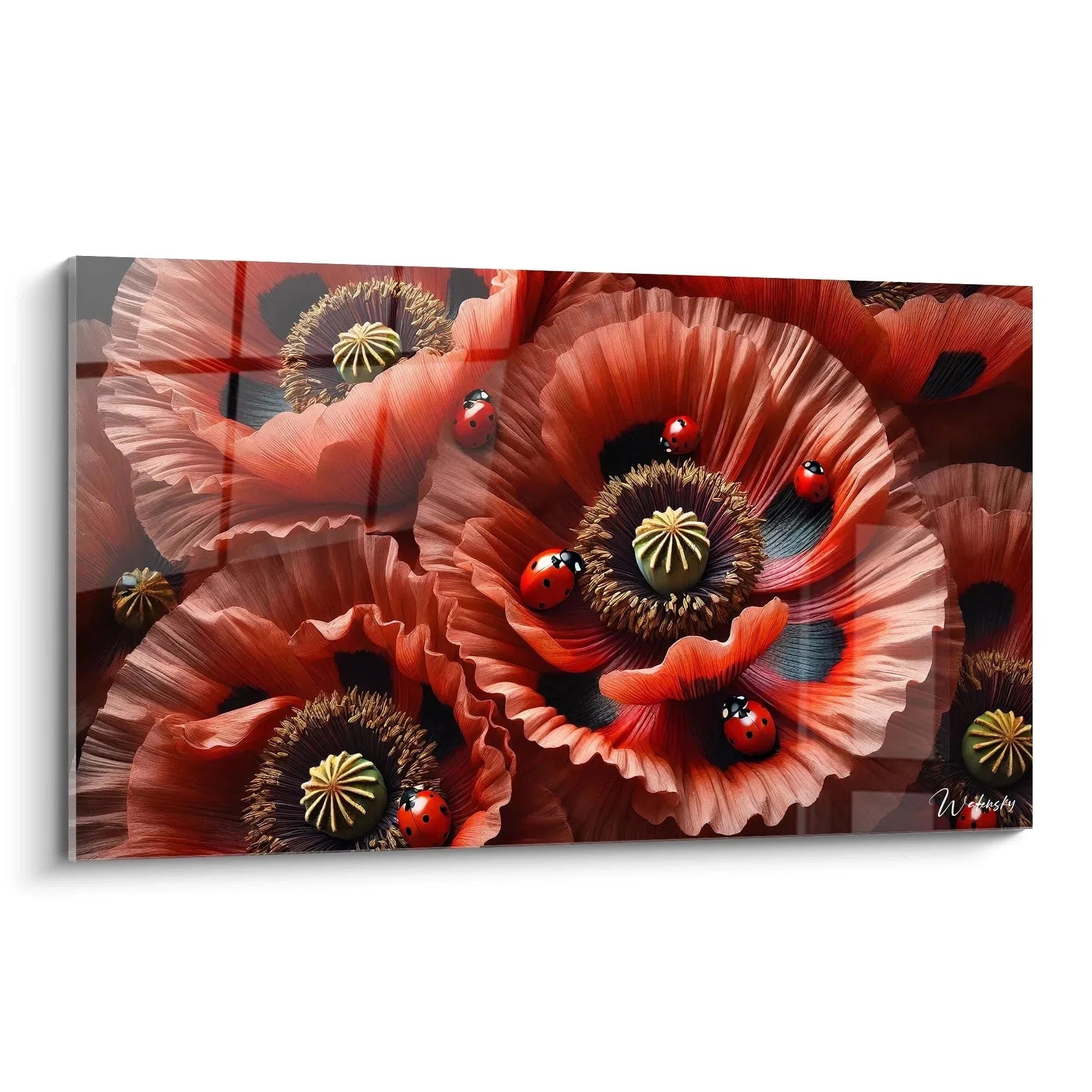Wandbild mit roten Marienkäfern auf großen roten Mohnblüten, detailreiche Naturdarstellung