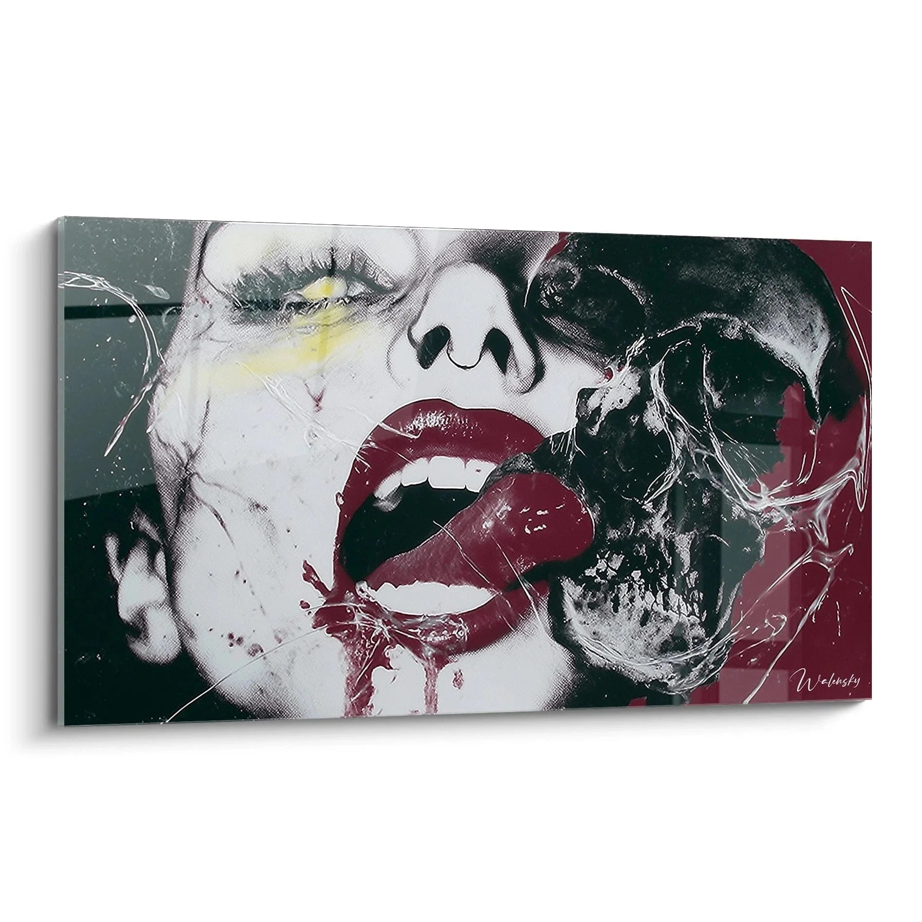 Wandbild Marilyn Monroe Vanitas Edition mit roten Lippen und Skelett Symbolik als moderne Wandkunst