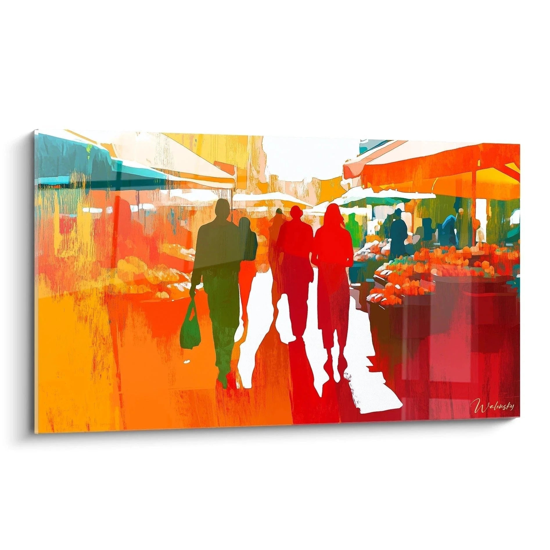 Wandbild Marktszene abstrakt bunt Sonia Delaunay Stil Straßenkunst orange türkis Wanddekoration modern