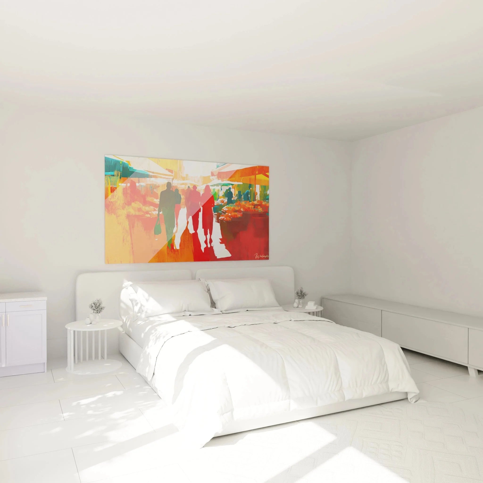 Wandbild Marktszene Schlafzimmer Ambiente abstrakte Kunst Wandgestaltung farbenfrohe Dekoration