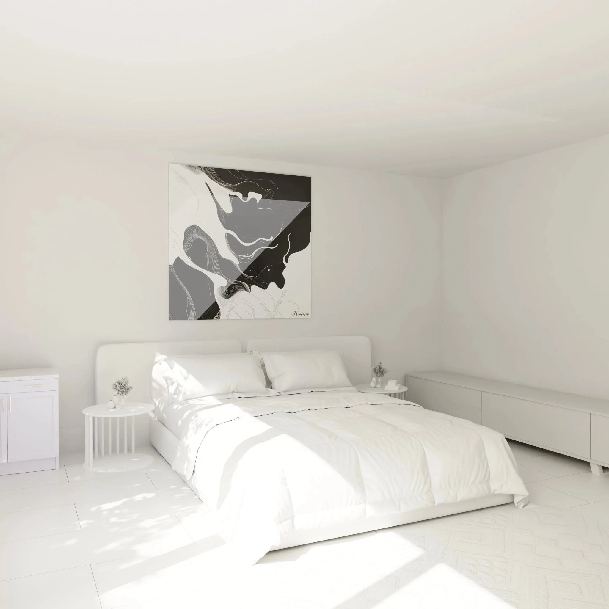 Modernes Wandbild Marmor Optik über Bett im Schlafzimmer, schwarz-weiße abstrakte Wanddekoration