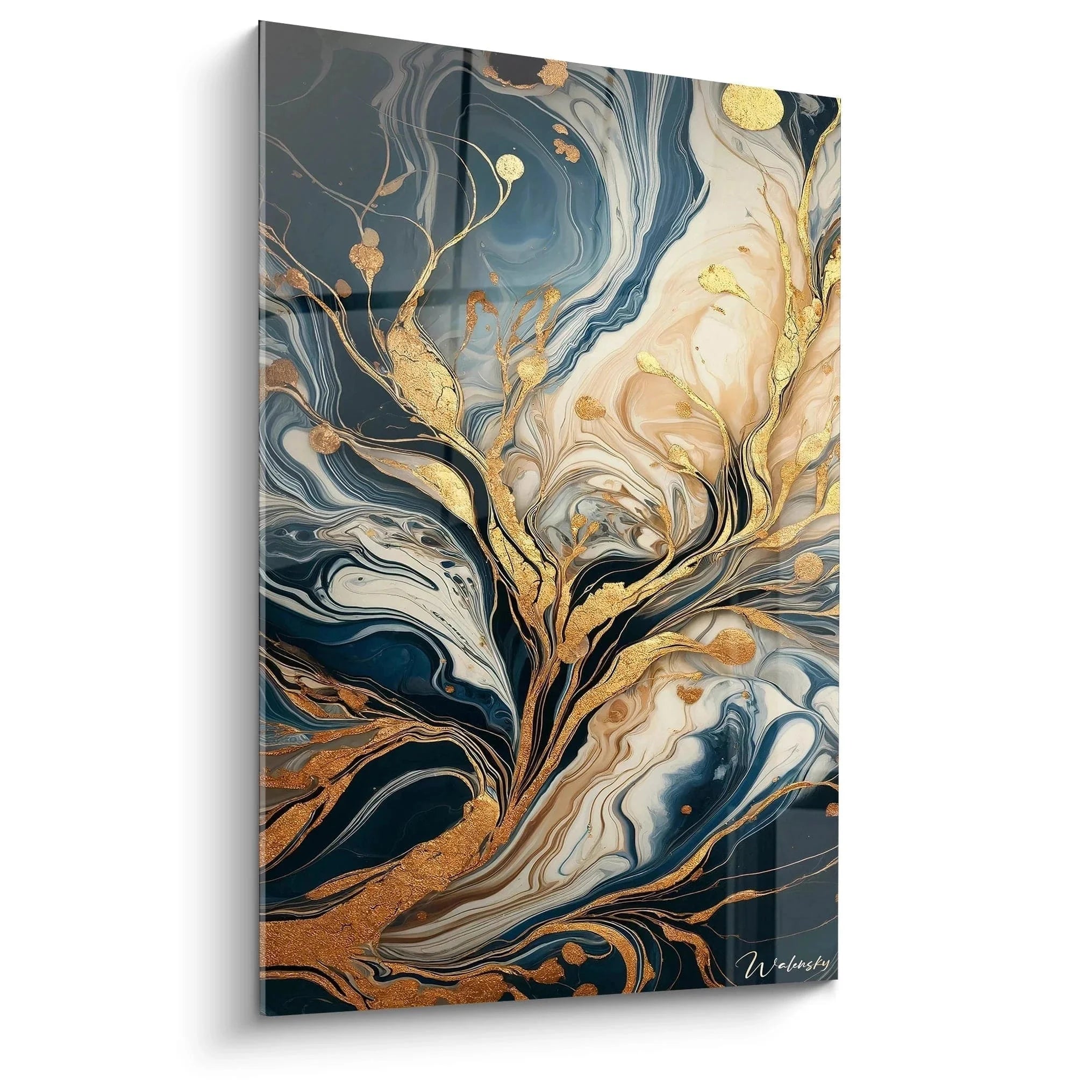 Wandbild abstrakte Marmorstruktur mit goldenen Akzenten in Blau und Beige Tönen für moderne Raumgestaltung