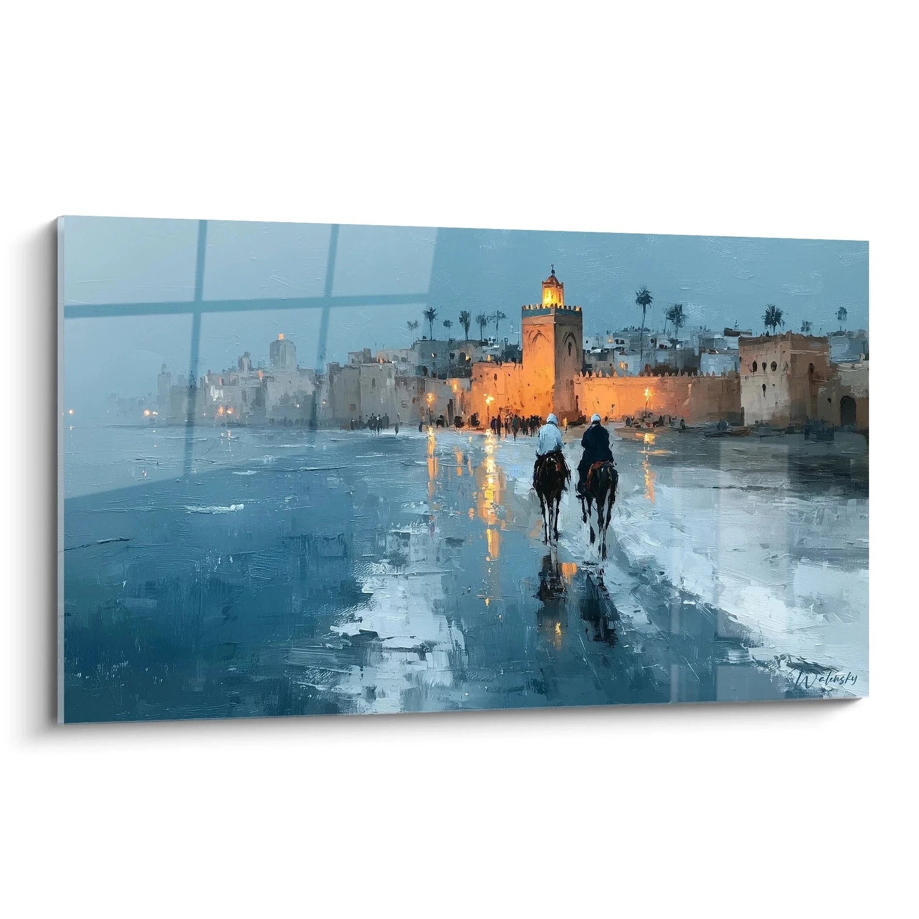 Orientalisches Wandbild marokkanische Medina mit Minarett bei Abenddämmerung und Kamelreitern