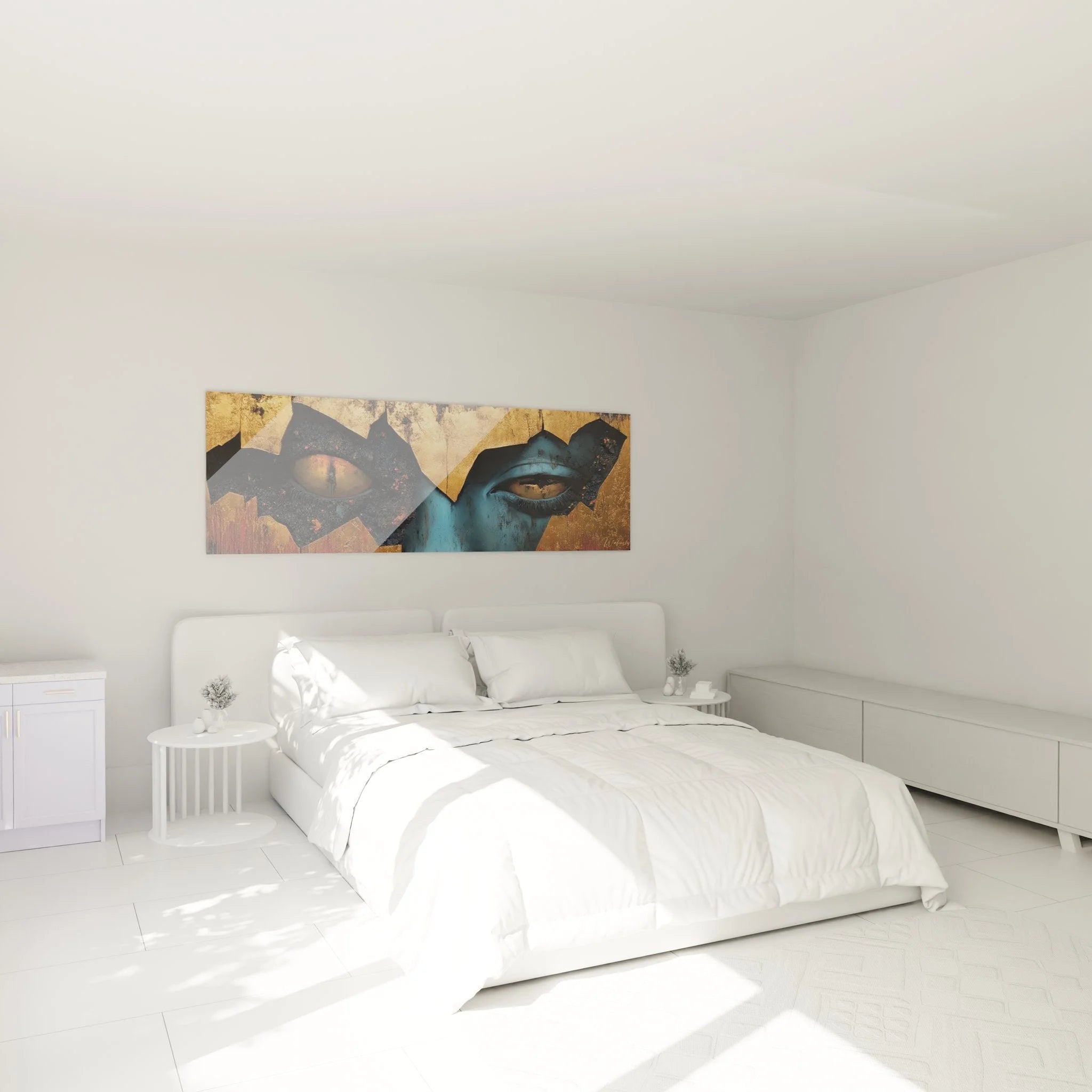 Wandbild Masken mit geheimnisvollen Augen als Schlafzimmer Dekoration in warmen Goldtönen